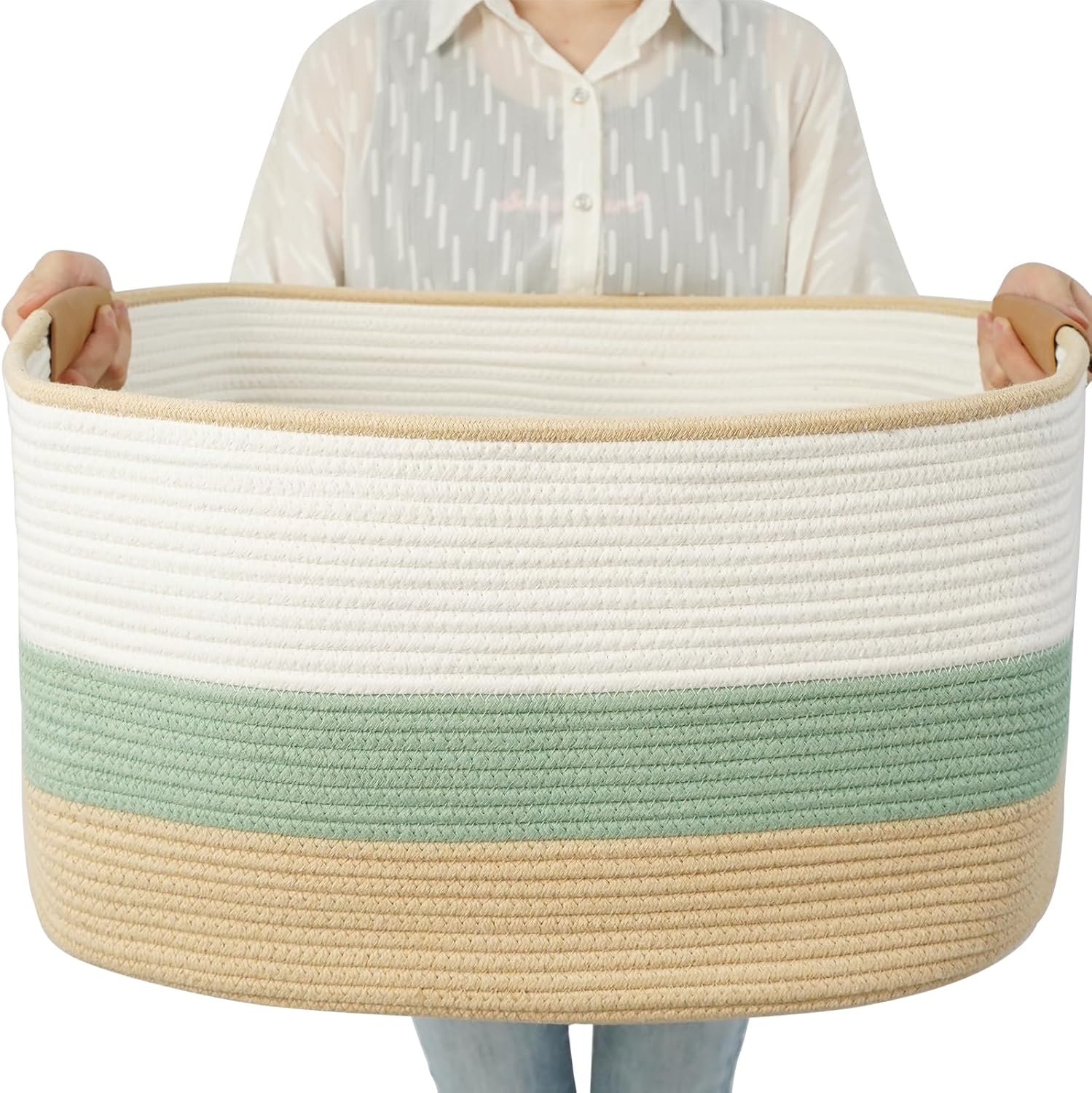 Boho Beige Throw Pillow — 22" — White & Green & Jute
