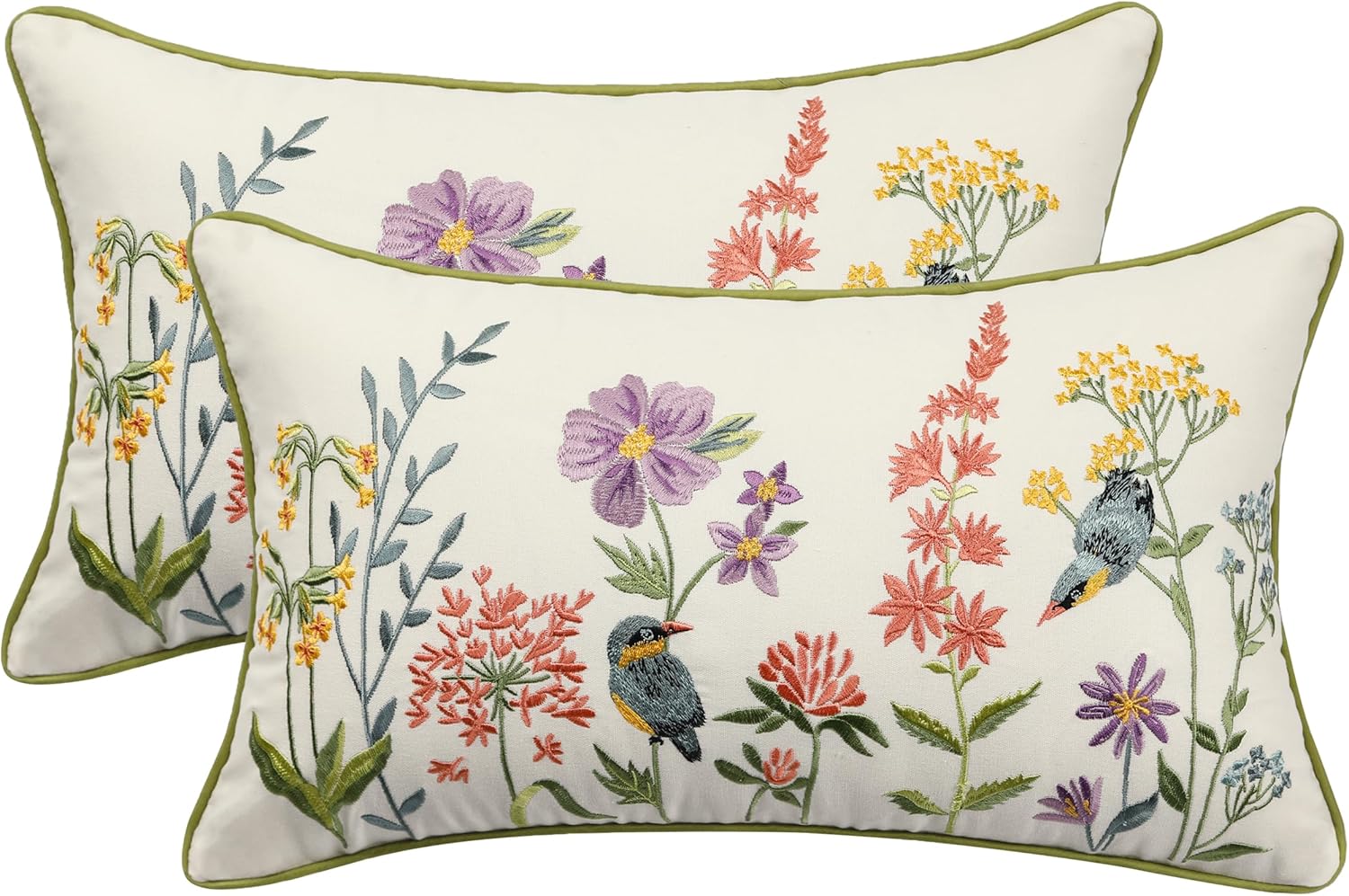 Embroidered Boho Green Throw Pillow Cover — 20" — Birds & Flowers