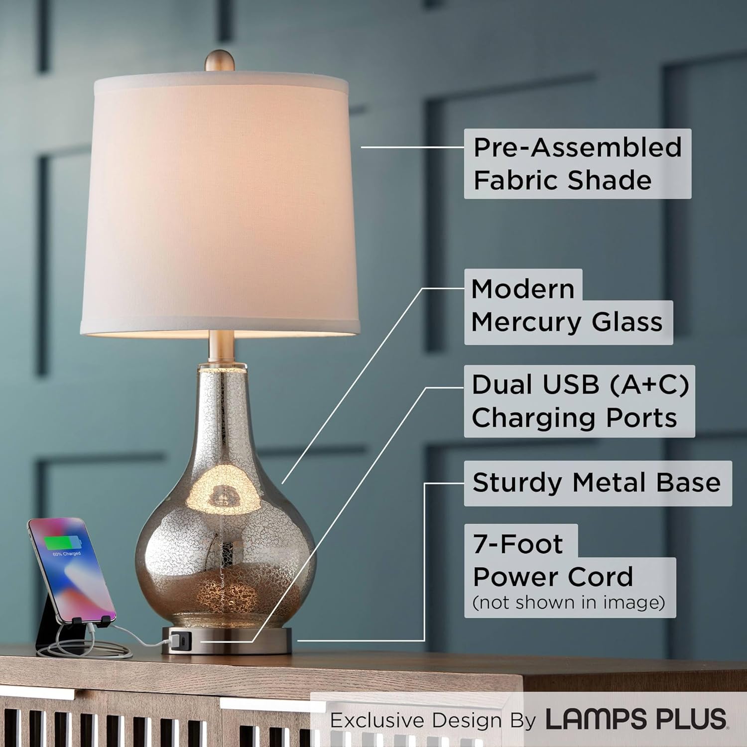 USB Charging Modern Silver Table Lamp — 21.75" - View 3