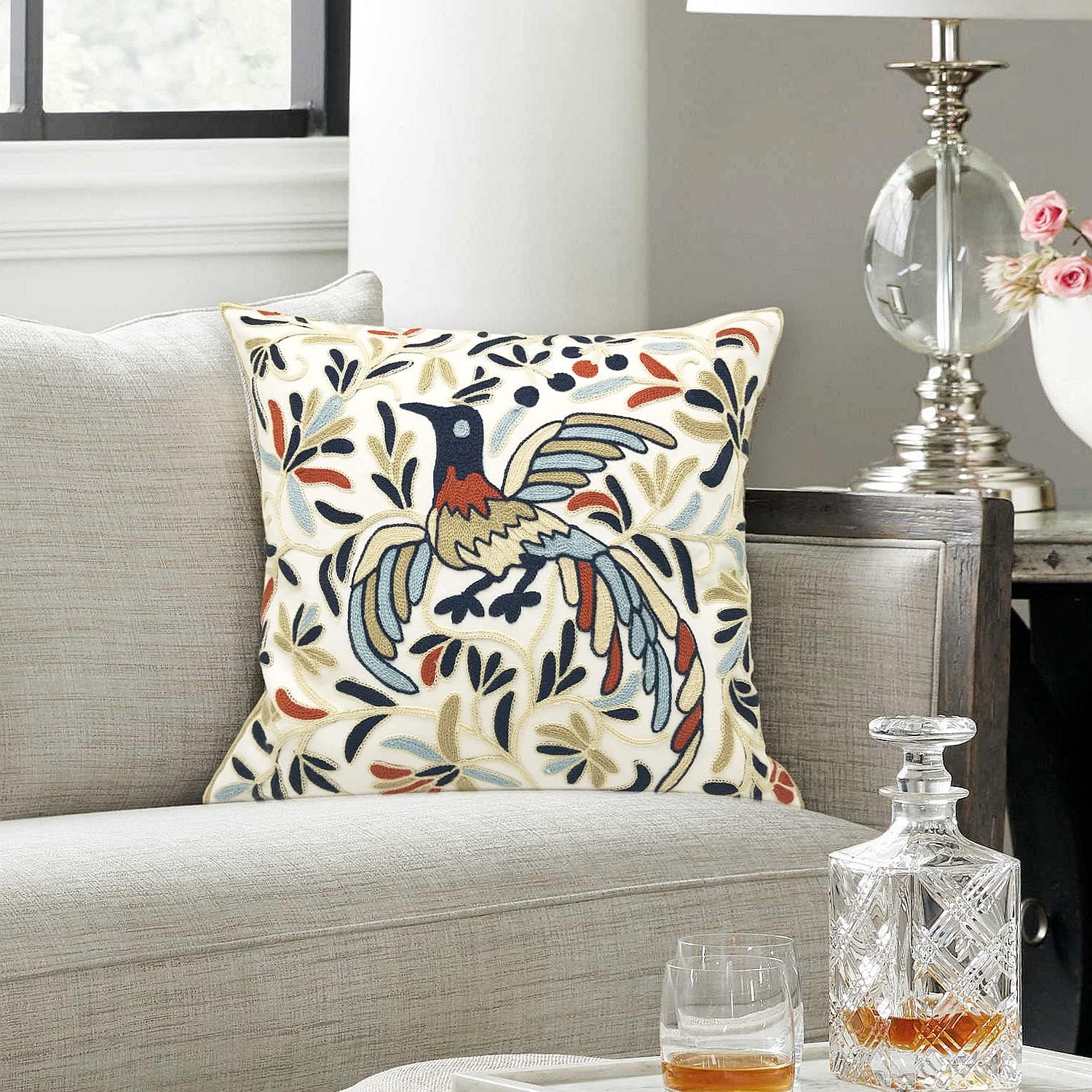 Embroidered Boho Blue Throw Pillow Cover — 18" - View 4