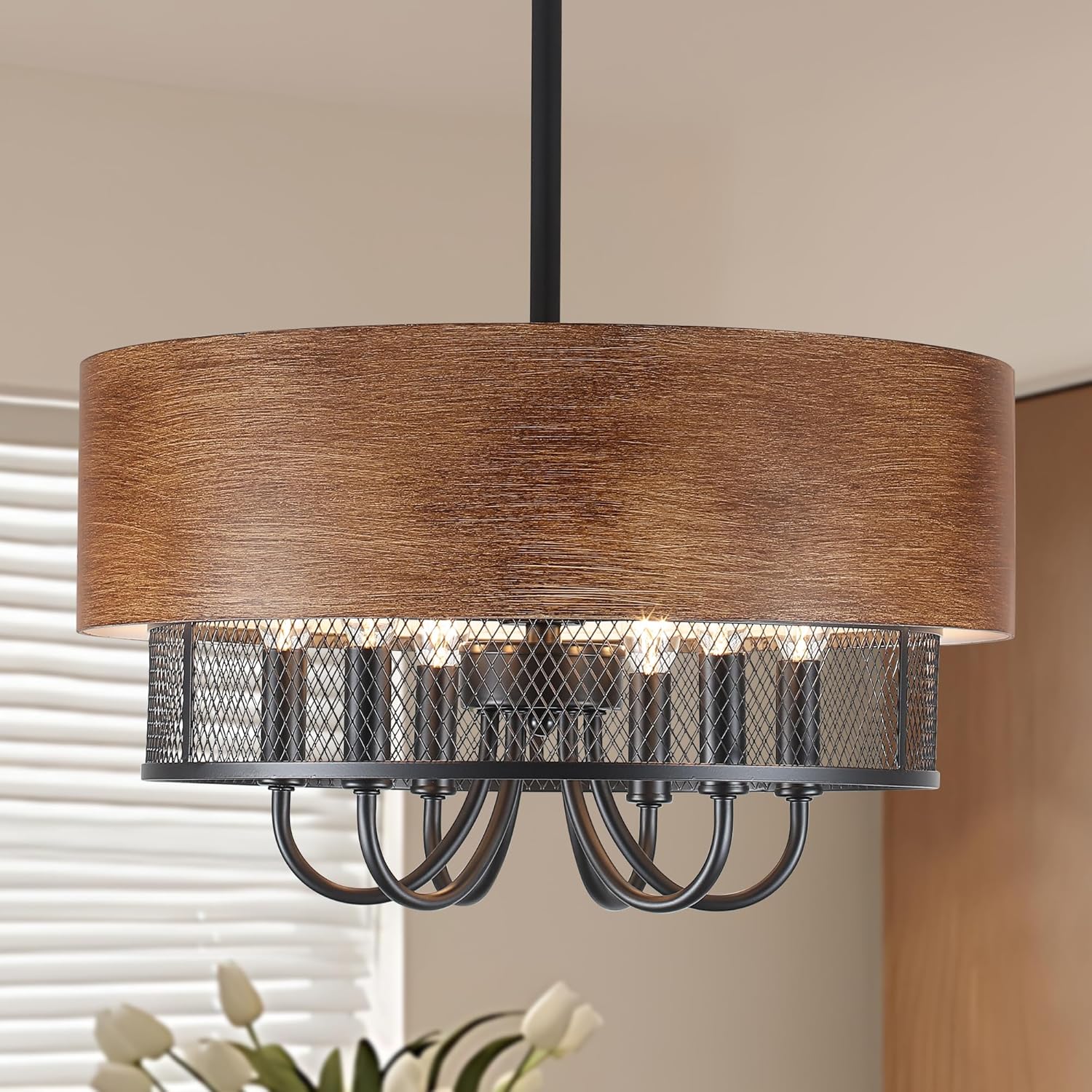 Round Farmhouse Black Chandelier — 6-Light — Wood Grain Chandelier
