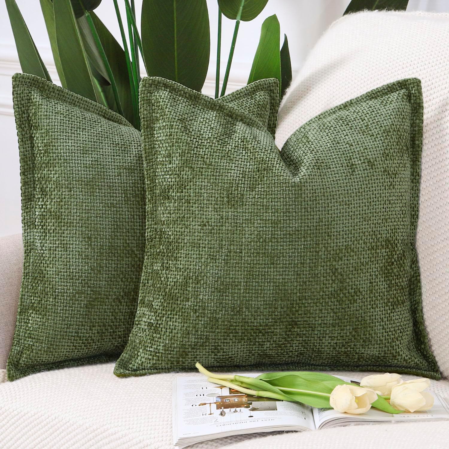 Velvet Boho Beige Throw Pillow Cover — 18" — Moss Green