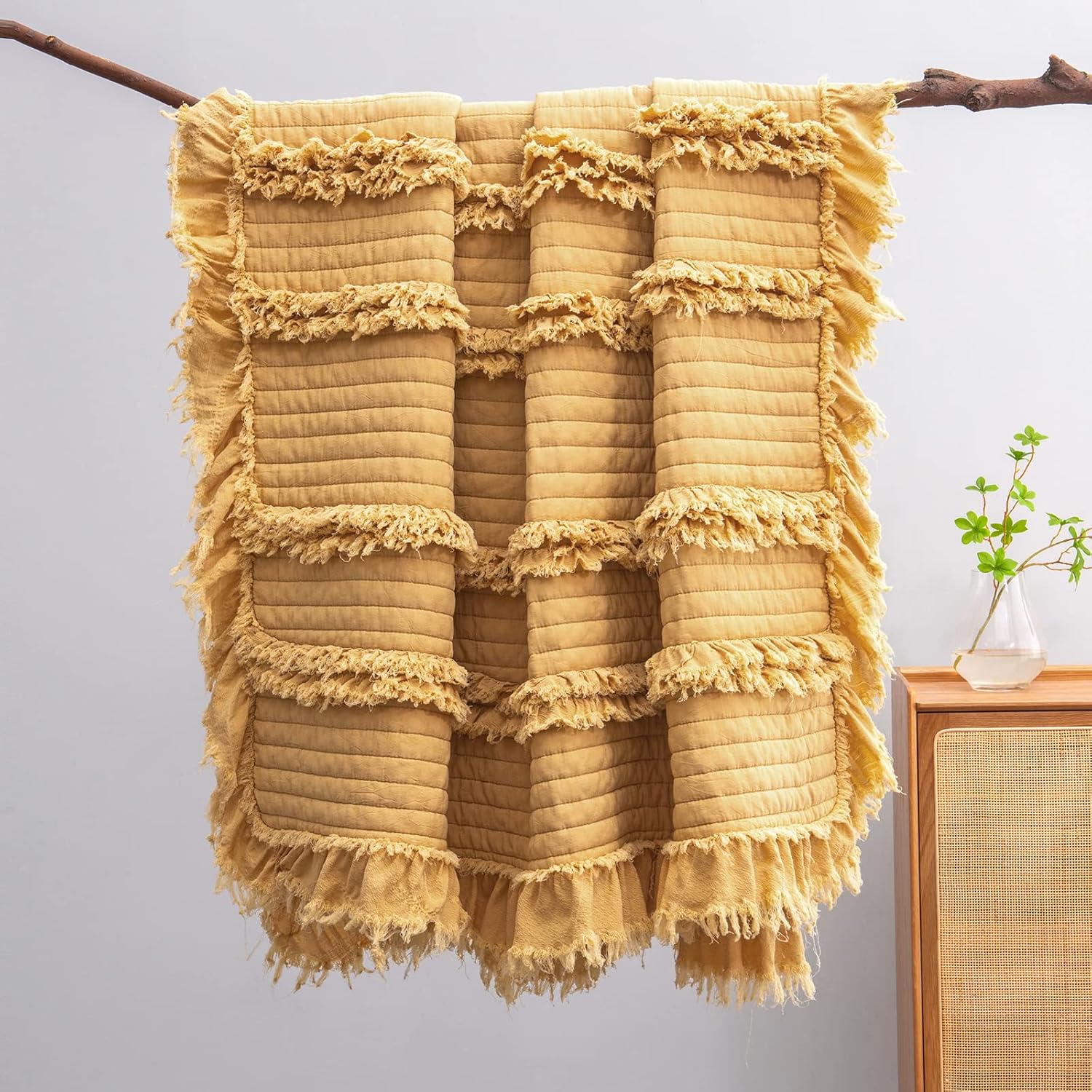 Fringed Boho Beige Throw Pillow — 50" — Yellow