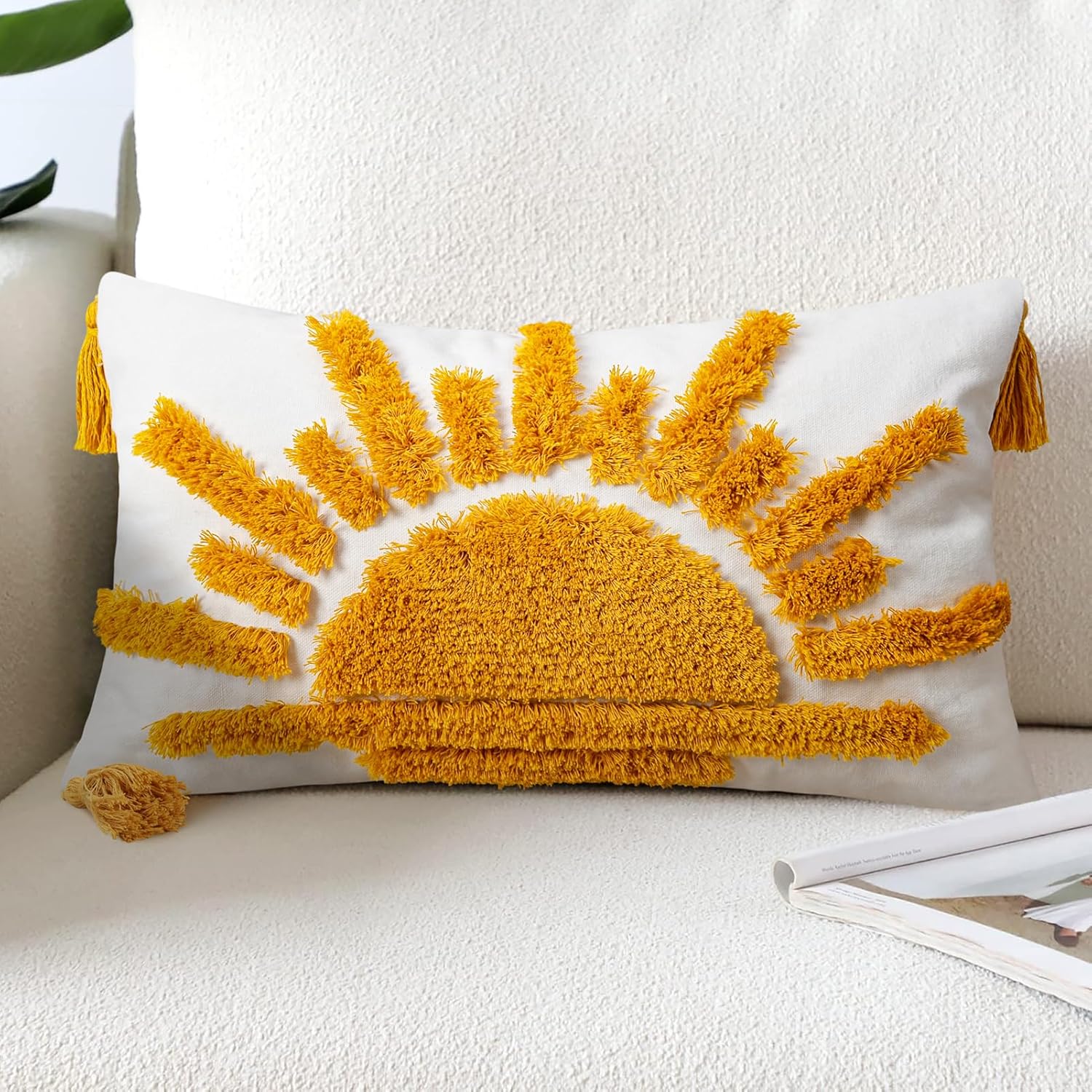 Tufted Boho Beige Throw Pillow Cover — 20" — Yellow and White-c Rising