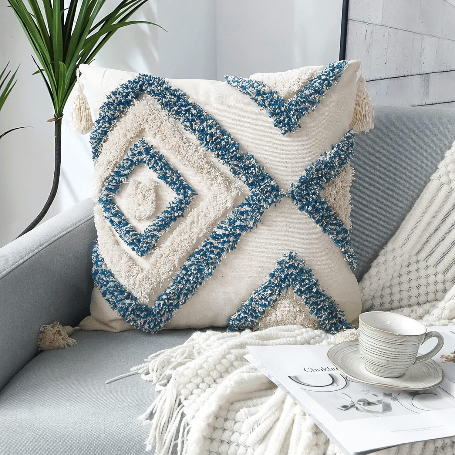 Tufted Boho Blue Throw Pillow Cover — 18" — Blue02
