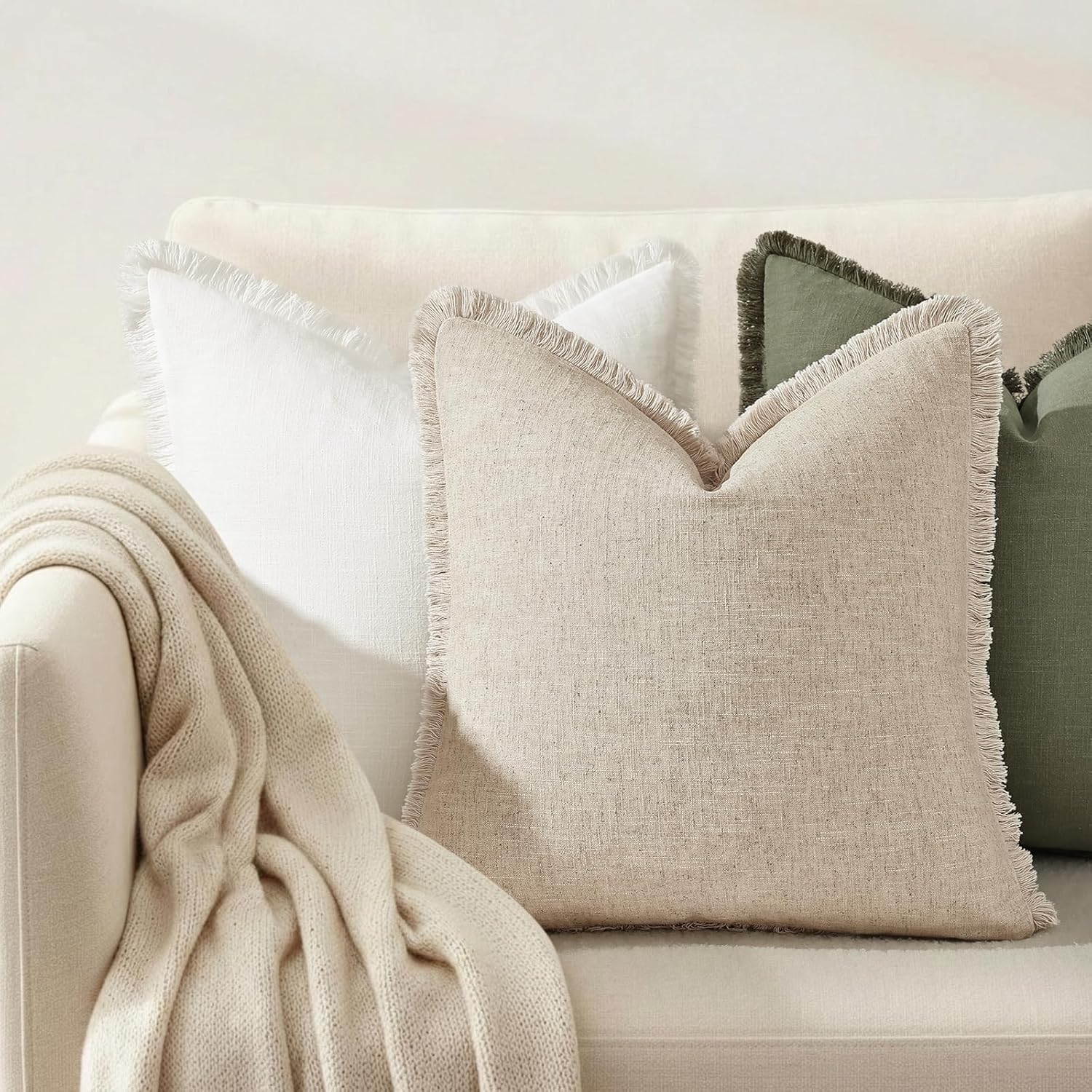 Linen Boho Beige Throw Pillow Cover — 18" - View 7