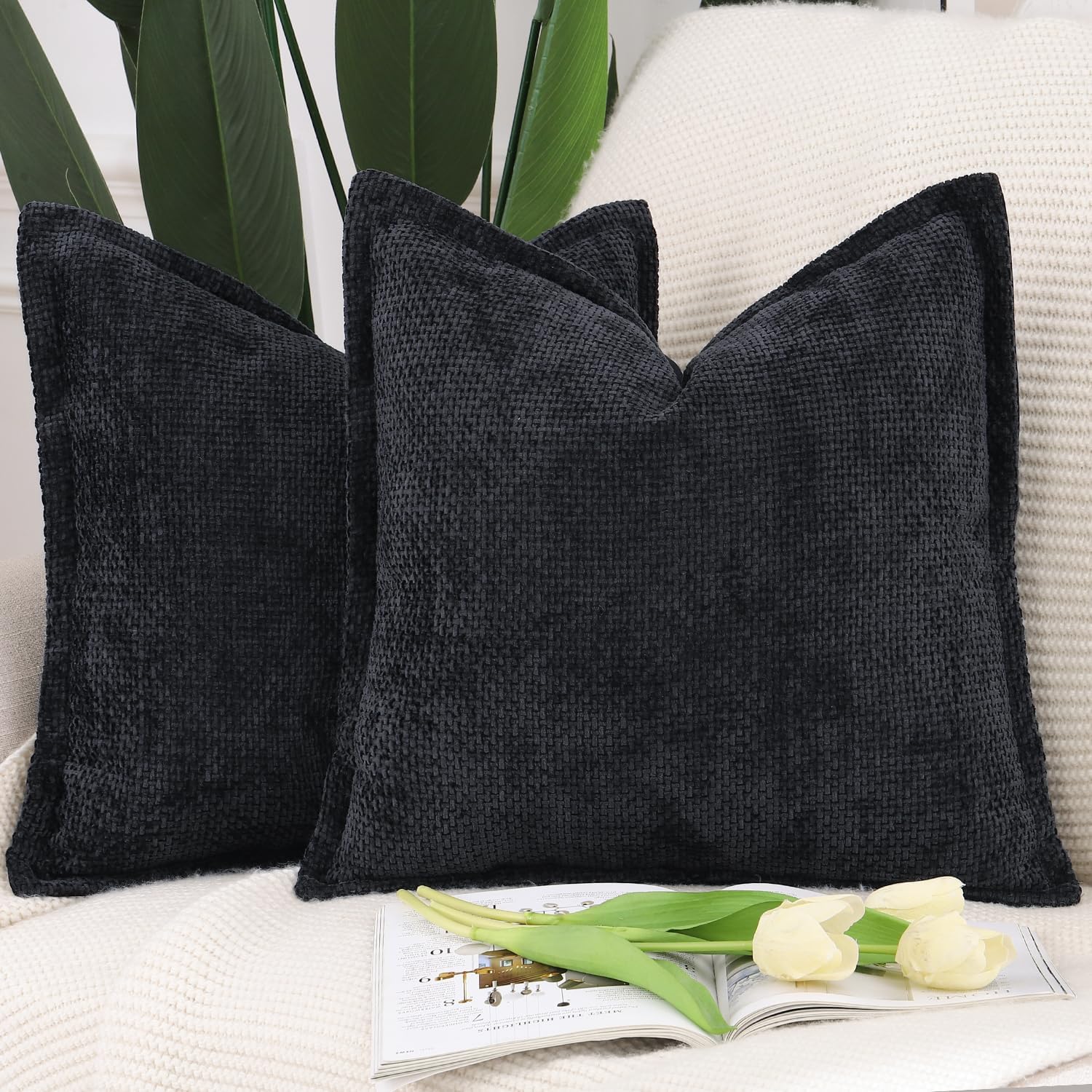 Velvet Boho Beige Throw Pillow Cover — 18" — Black