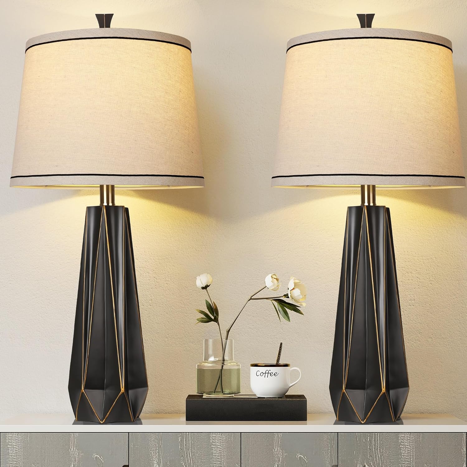 Linen Modern Black Desk Lamp — 27" — Black with Gold Rim