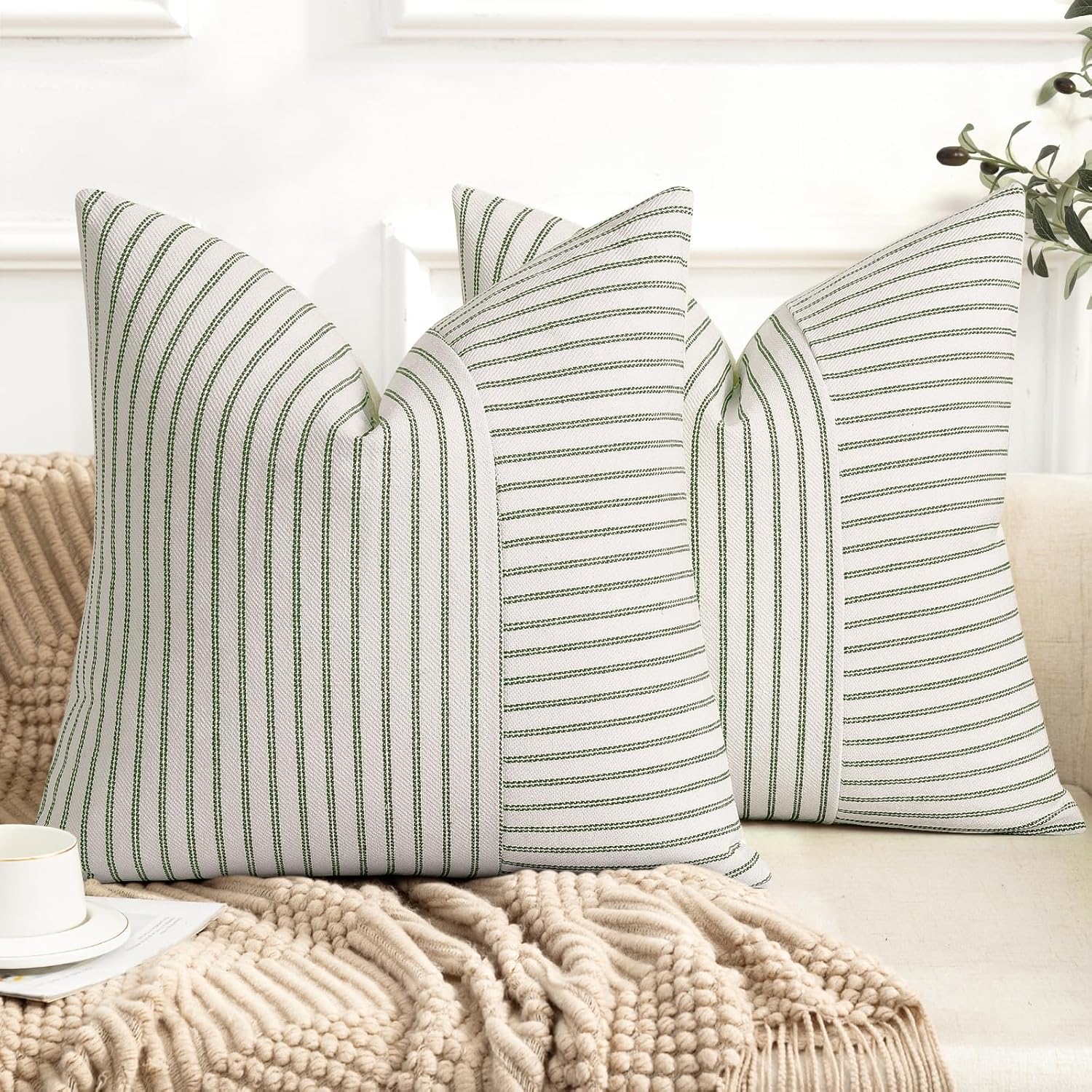 Linen Boho Beige Throw Pillow Cover — 18" — Olive Green