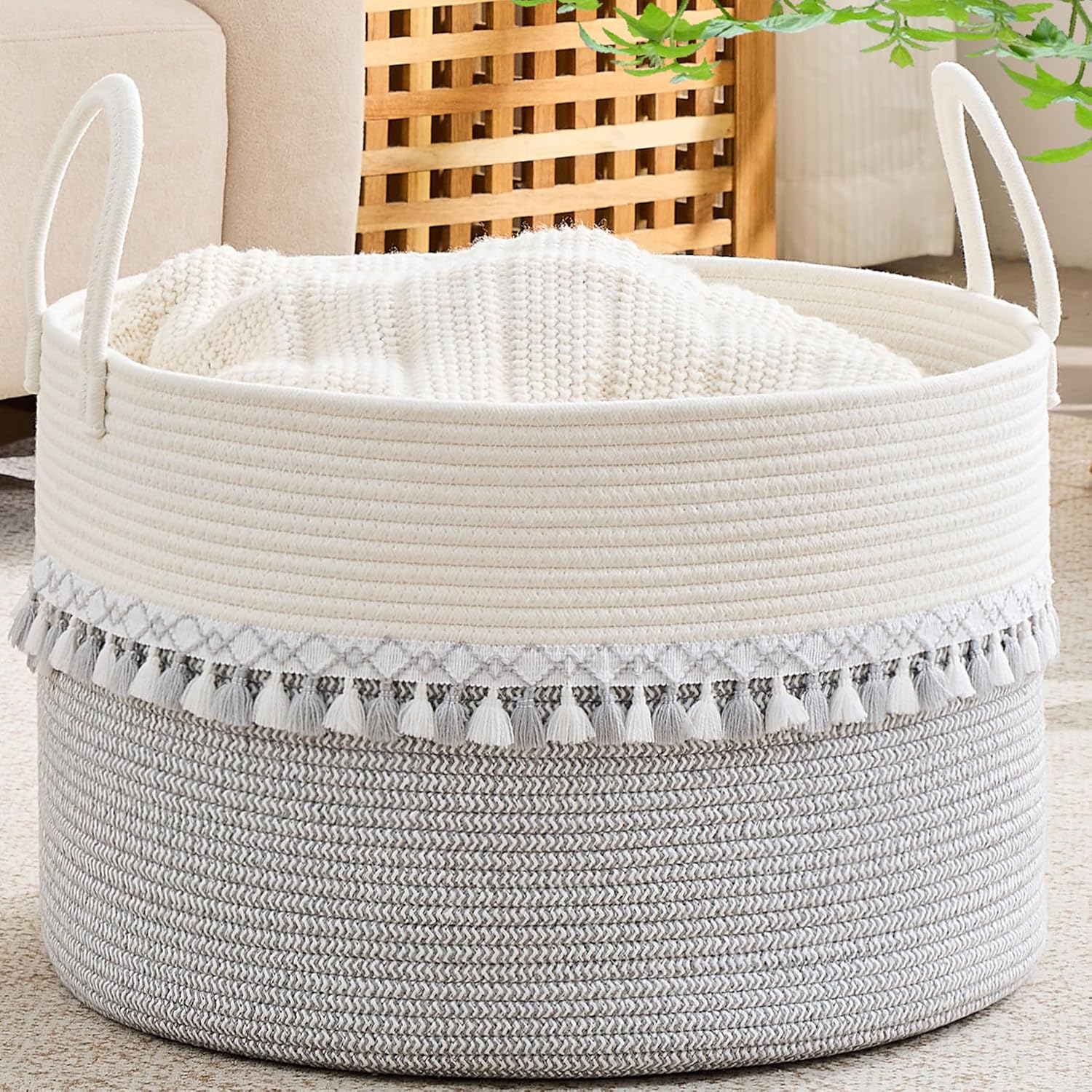 Boho Beige Throw Pillow — 20" — Grey Fringe