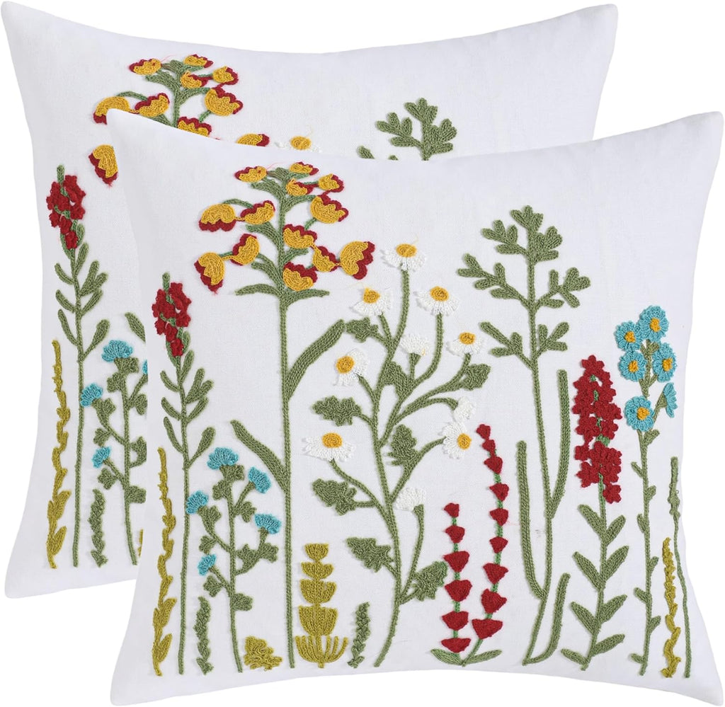 Embroidered Boho Blue Throw Pillow Cover — 18" — Colorful Flowers