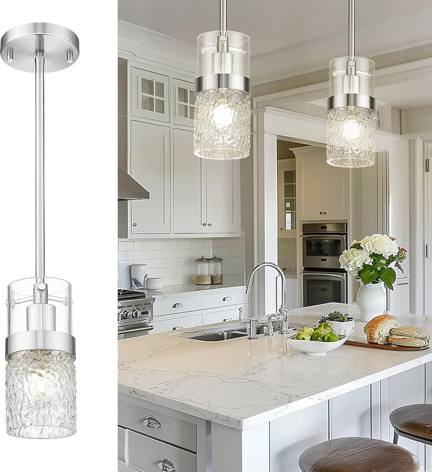 Adjustable Modern Black Pendant Light — 3.5" — Silver -Hammered Glass