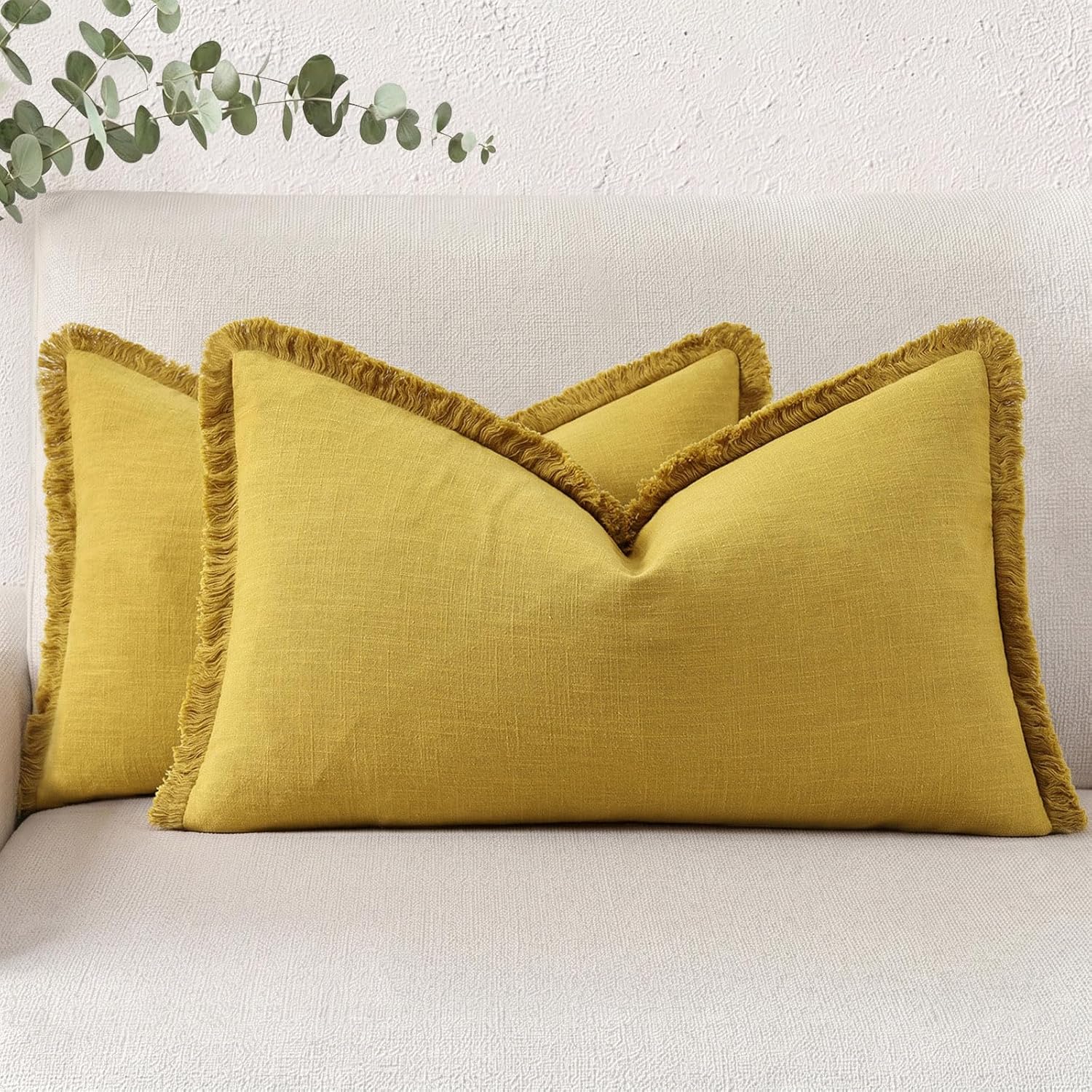 Linen Boho Beige Throw Pillow Cover — 18" — Mustard Yellow
