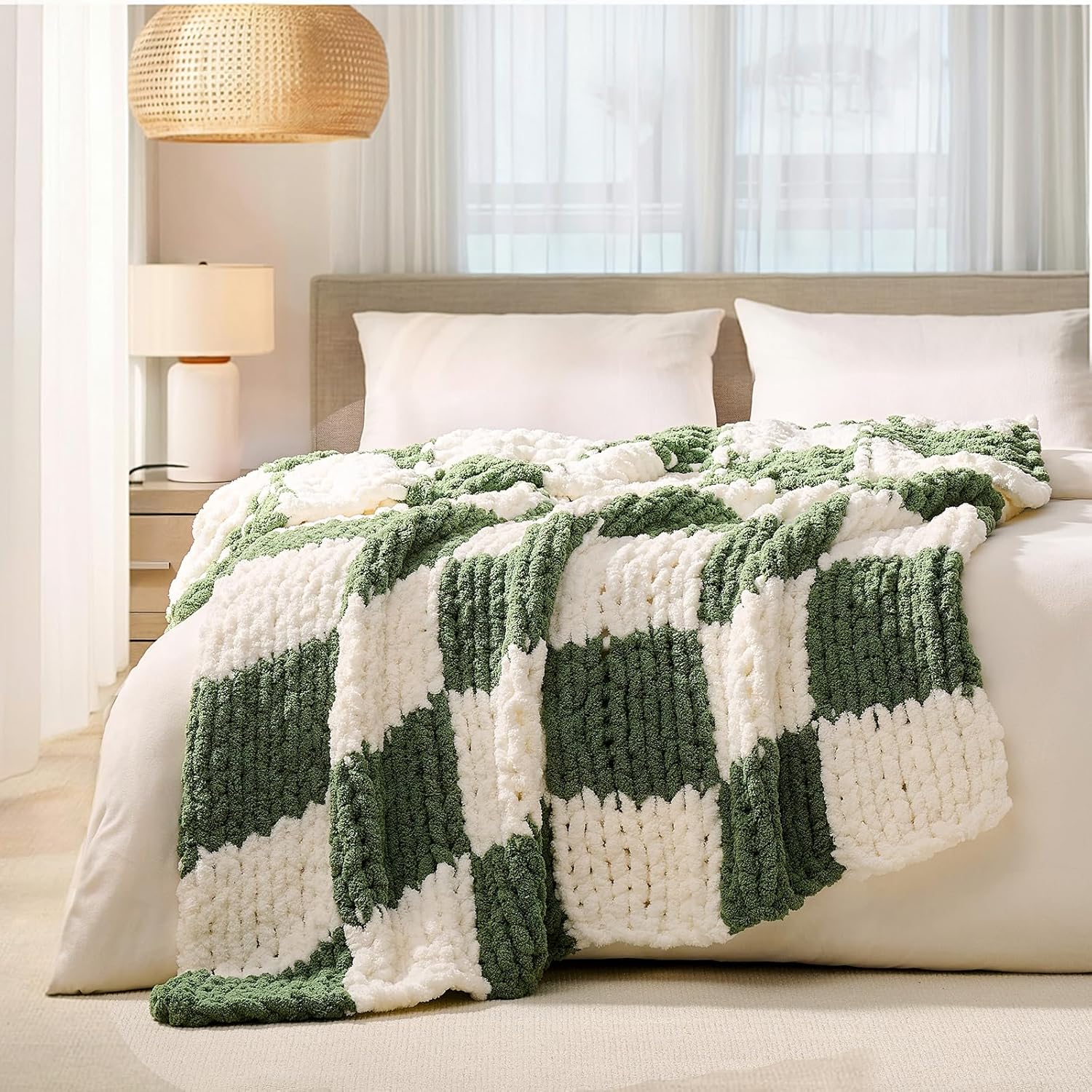 Knit Beige Throw Pillow — 50" — Green Checkered