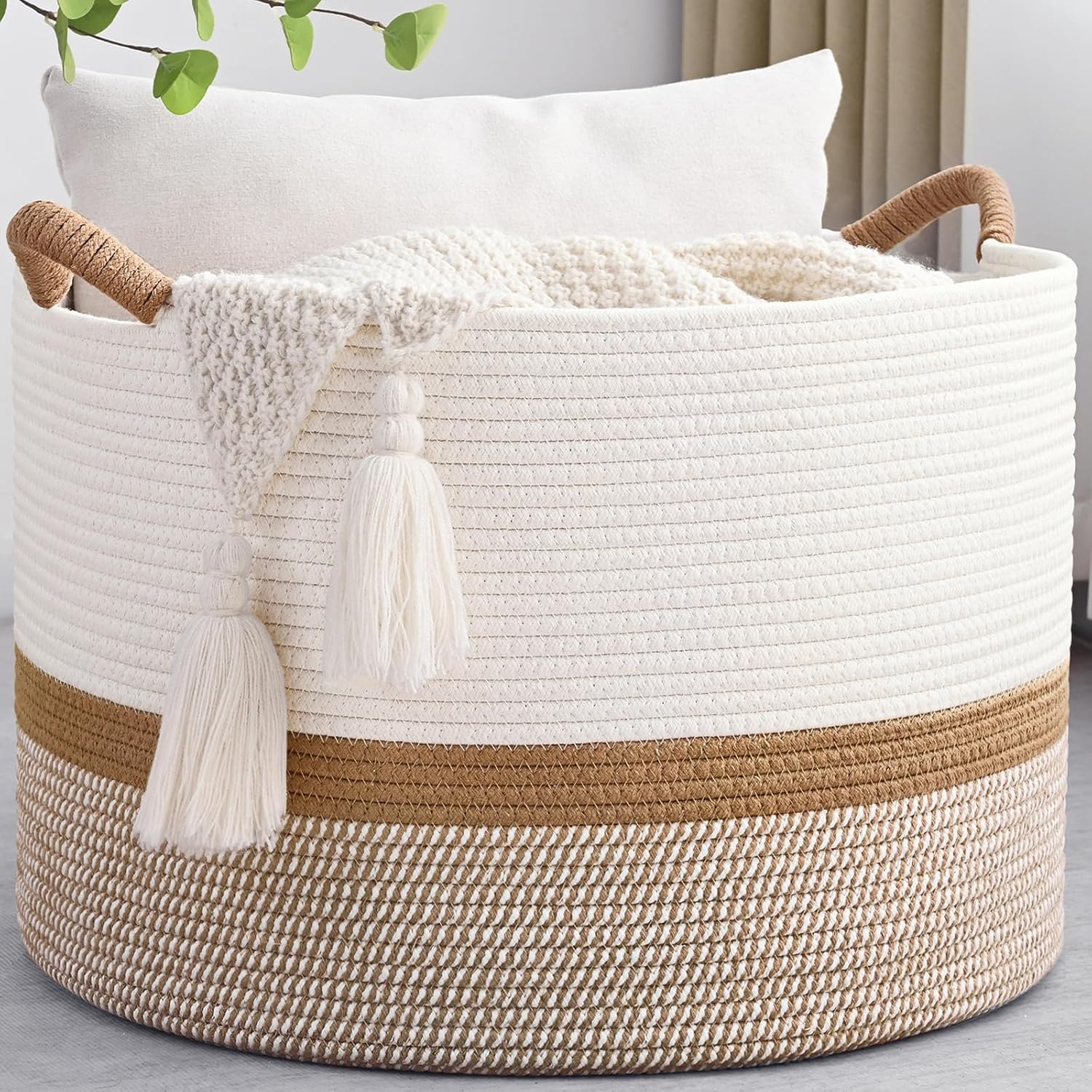 Boho Beige Throw Pillow — 20" — White & Brown