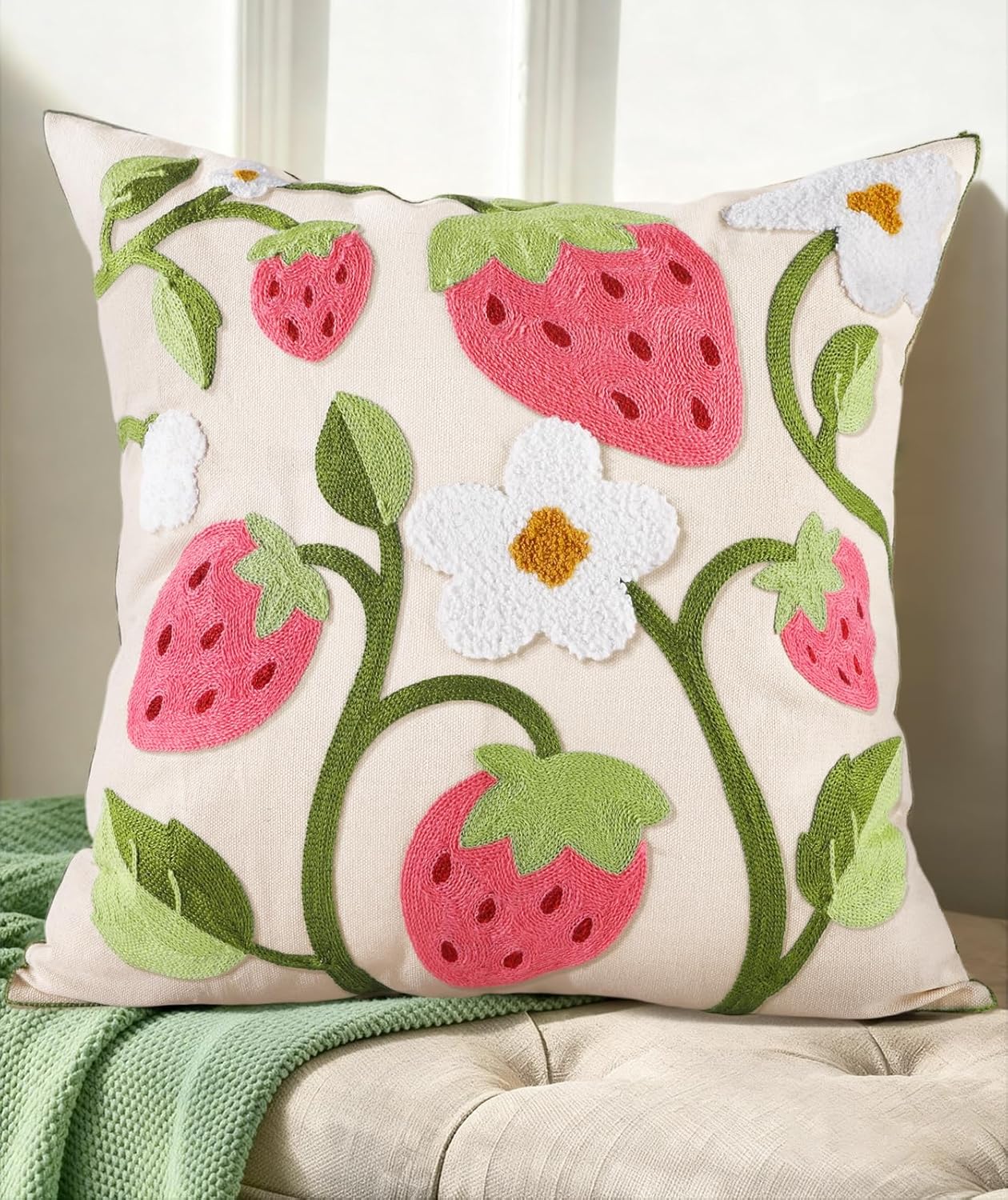 Embroidered Boho Red Throw Pillow Cover — 18" — Branch-strawberry