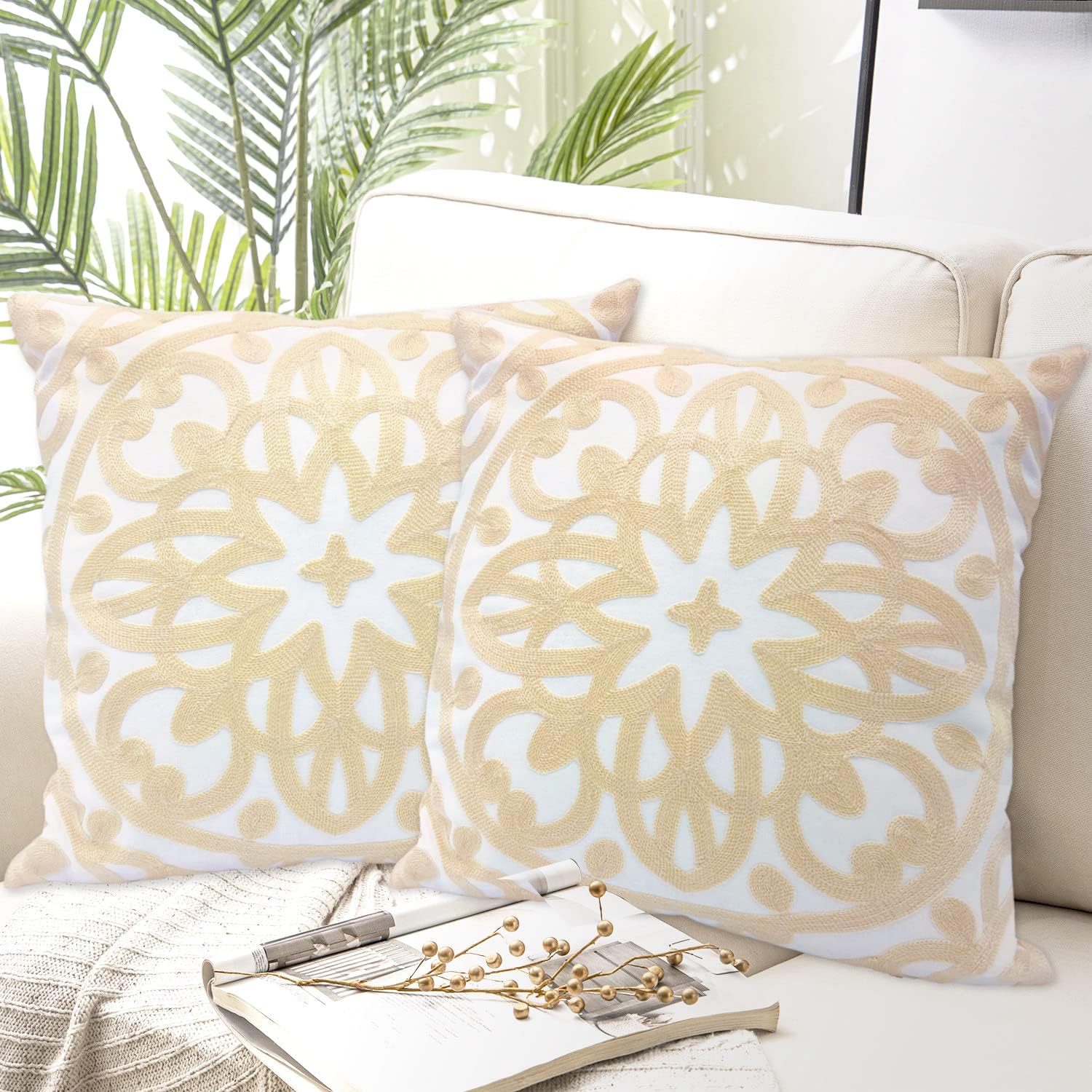 Embroidered Boho Beige Throw Pillow Cover — 12" — Ivory