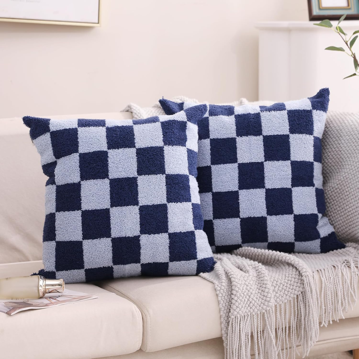 Tufted Boho Beige Throw Pillow Cover — 18" — - Navy Blue