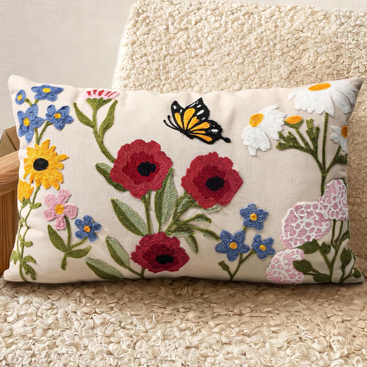 Embroidered Boho Red Throw Pillow Cover — 18" — Retro Flower