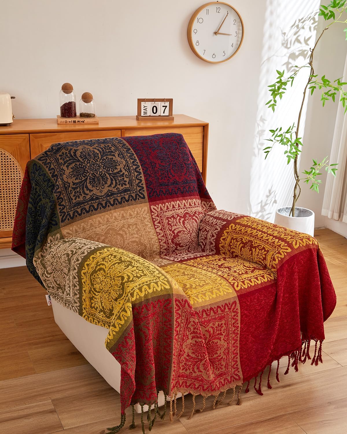 Chenille Boho Beige Throw Pillow — 60" — Red Yellow Navy Green