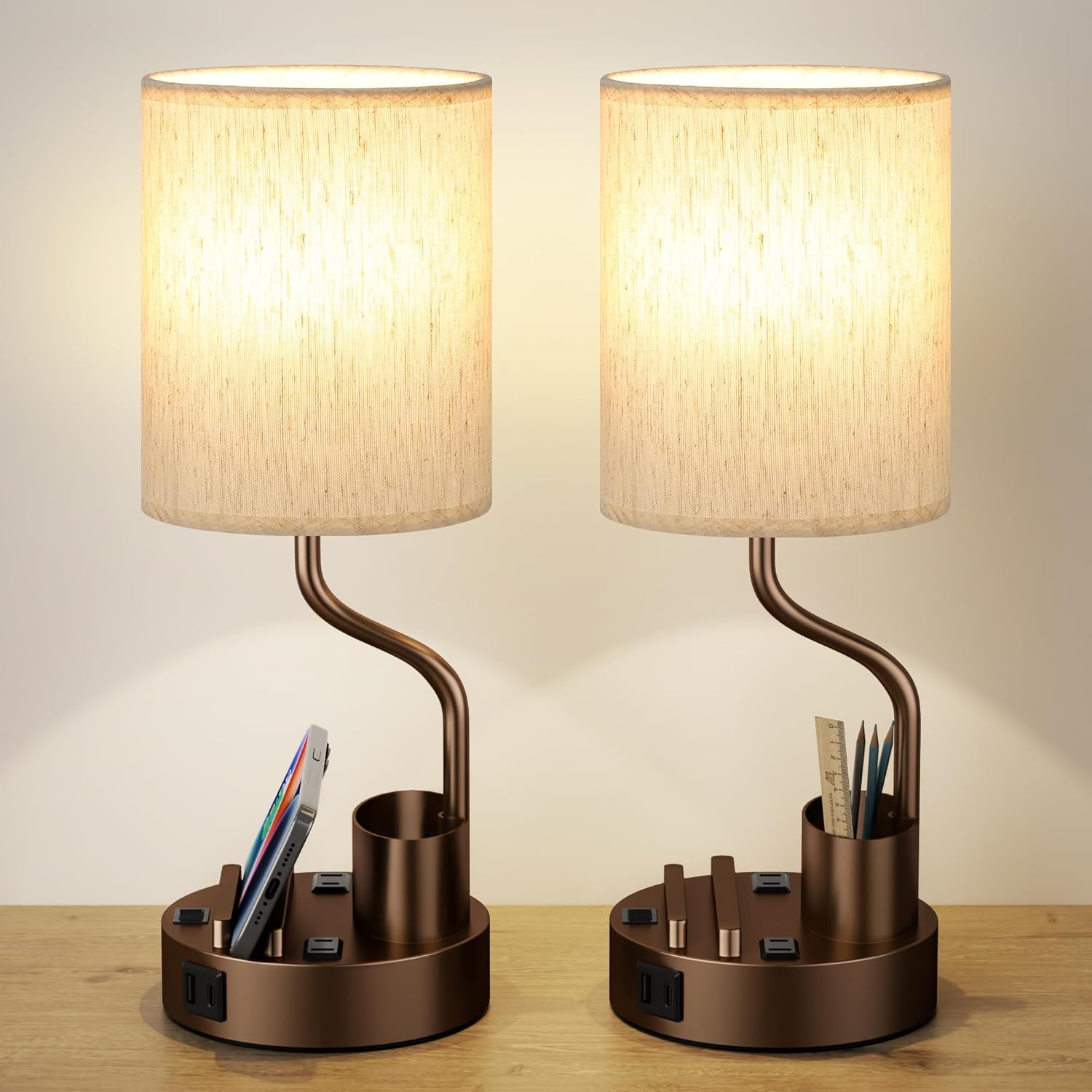 USB Beige Desk Lamp — Set of 2 — Cream & Coffee