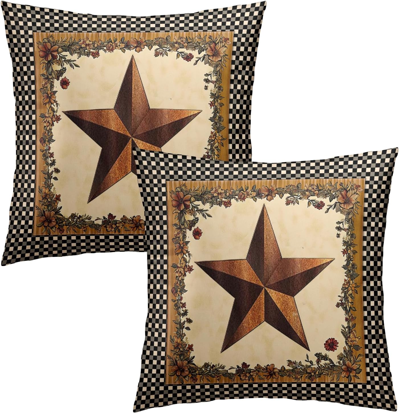Vintage Boho Black Pillow Cover — 18" — Texas Star Plaid