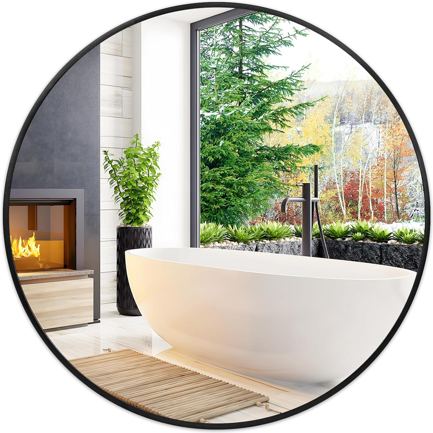 Framed Beige Round Mirror — 20" — 22"L x 22"W