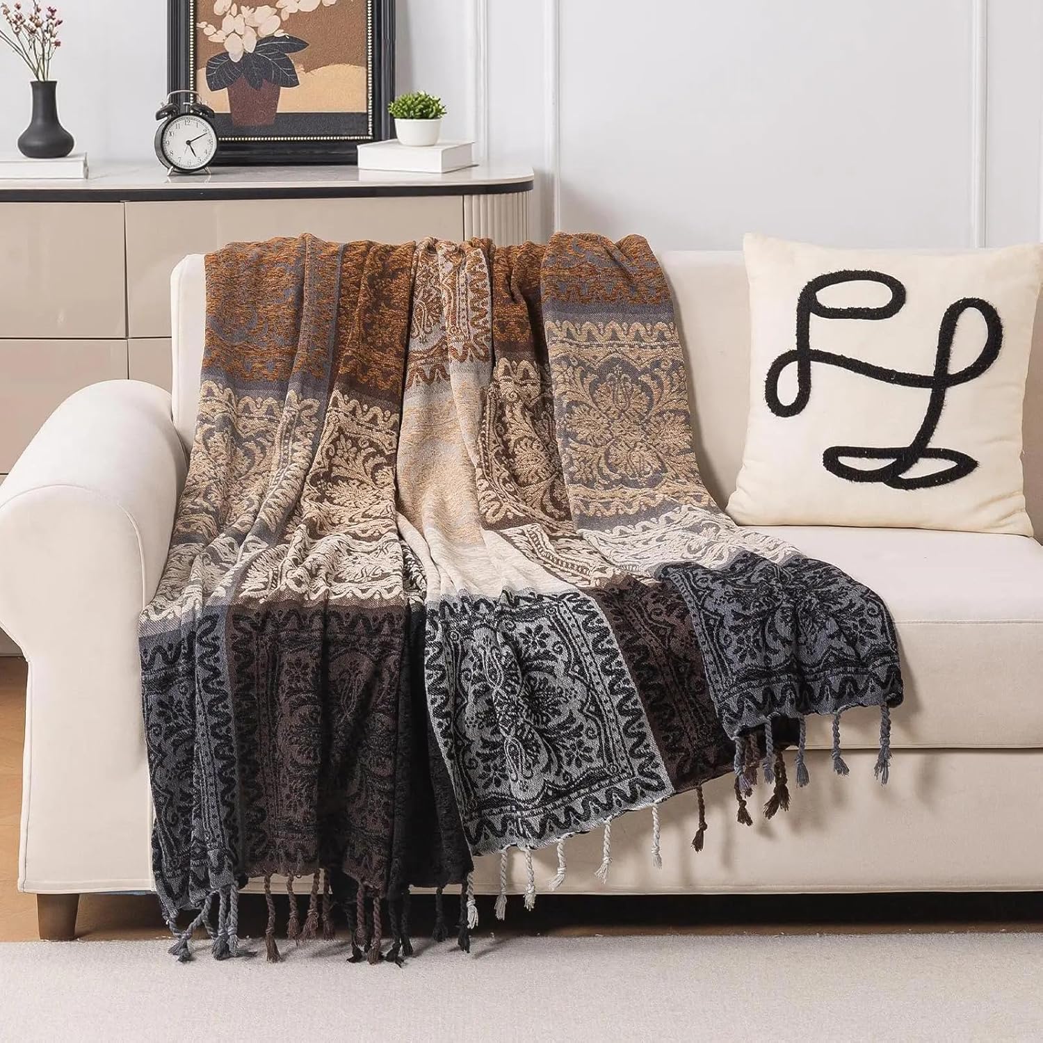 Chenille Boho Black Throw Pillow — 60" — Black