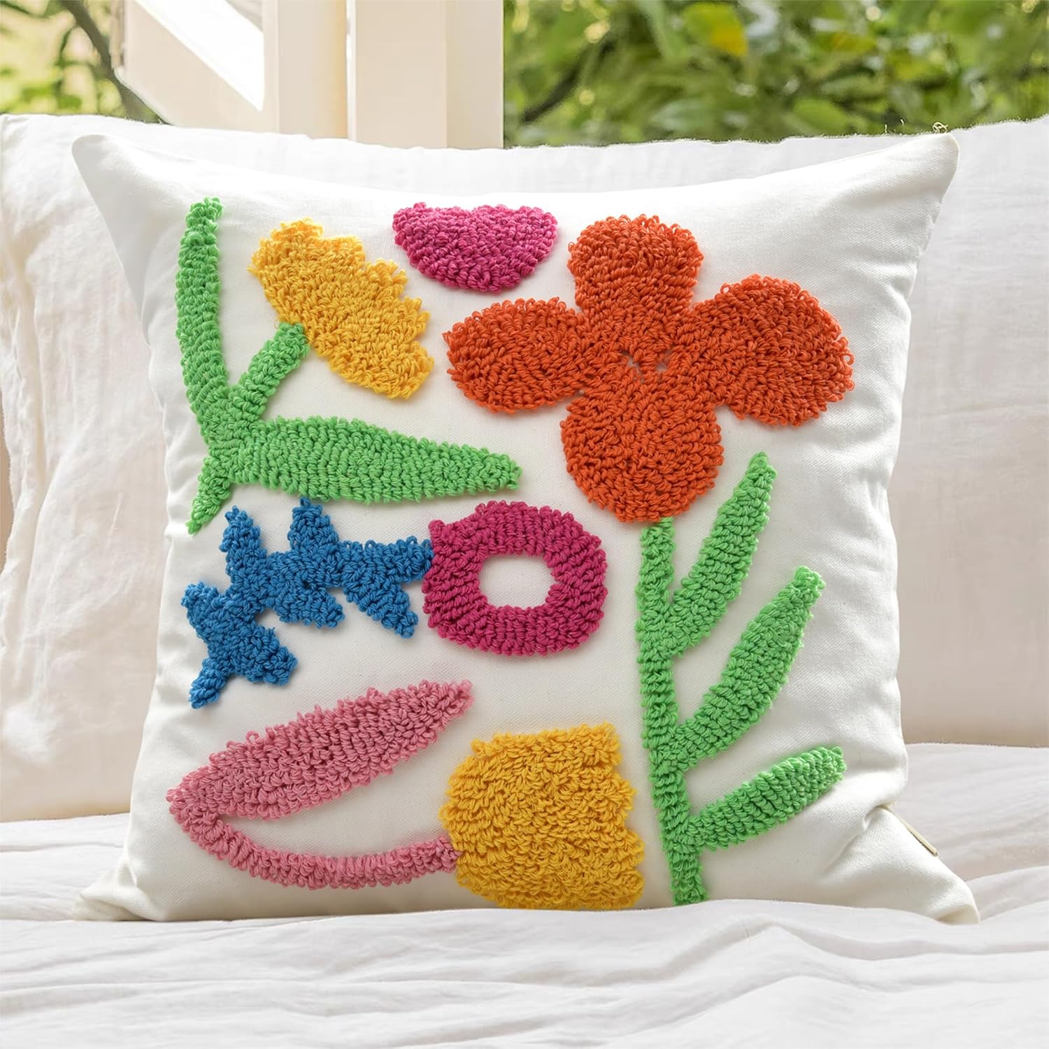 Tufted Boho Beige Throw Pillow Cover — 18" — Bright Floral