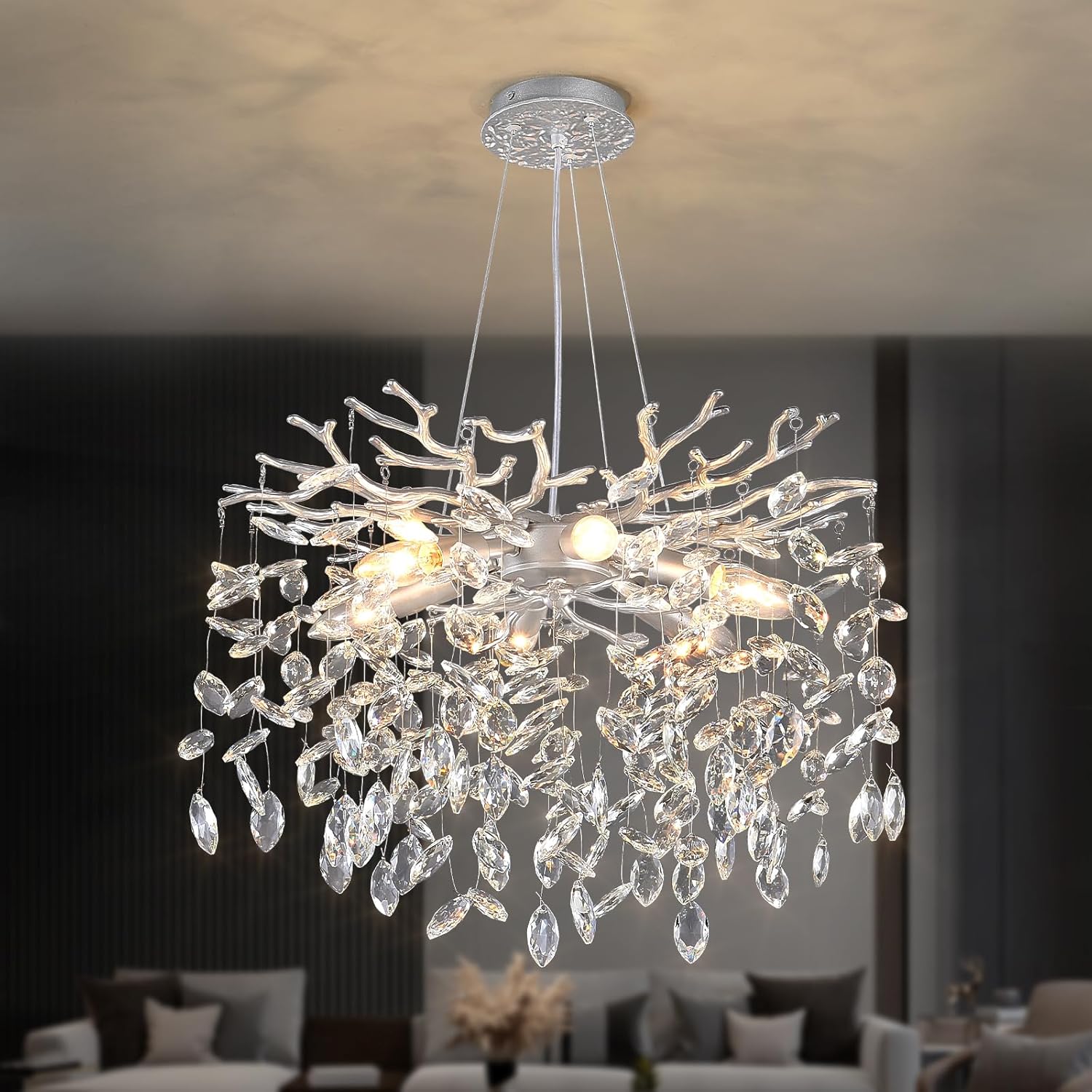 Round Luxe Black Chandelier — 10-Light — Silver