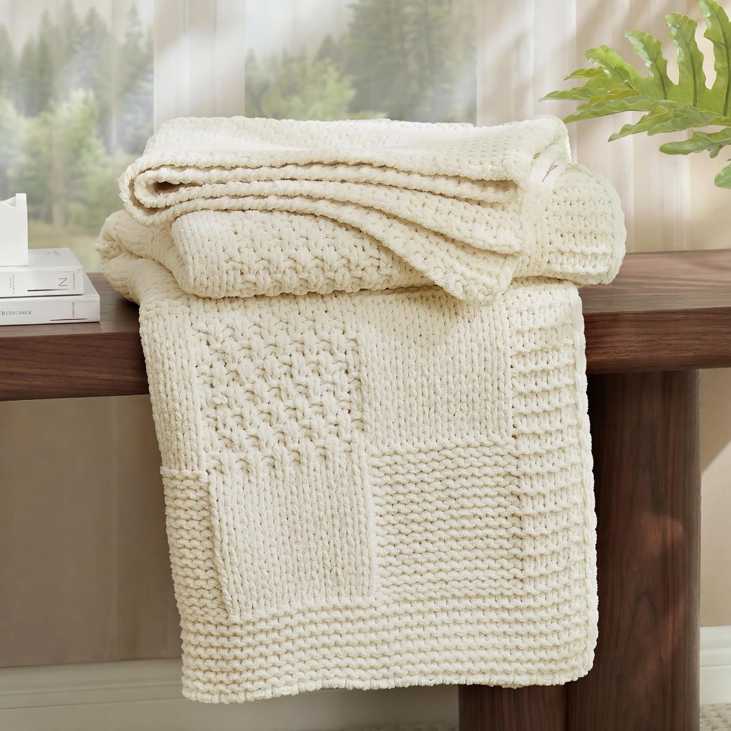 Knit Beige Throw Pillow — 50" — Checkered Ivory