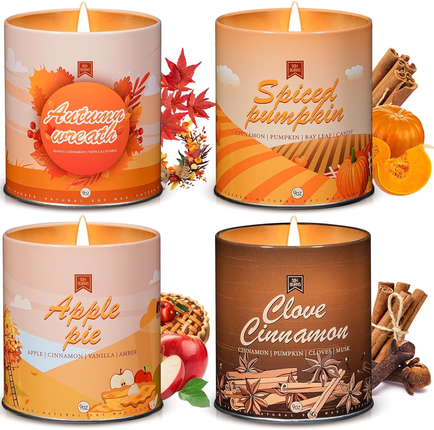 Soy Wax Metal Scented Candle — Apple Pie/Autumn Wreath/Cinnamon/Pumpkin