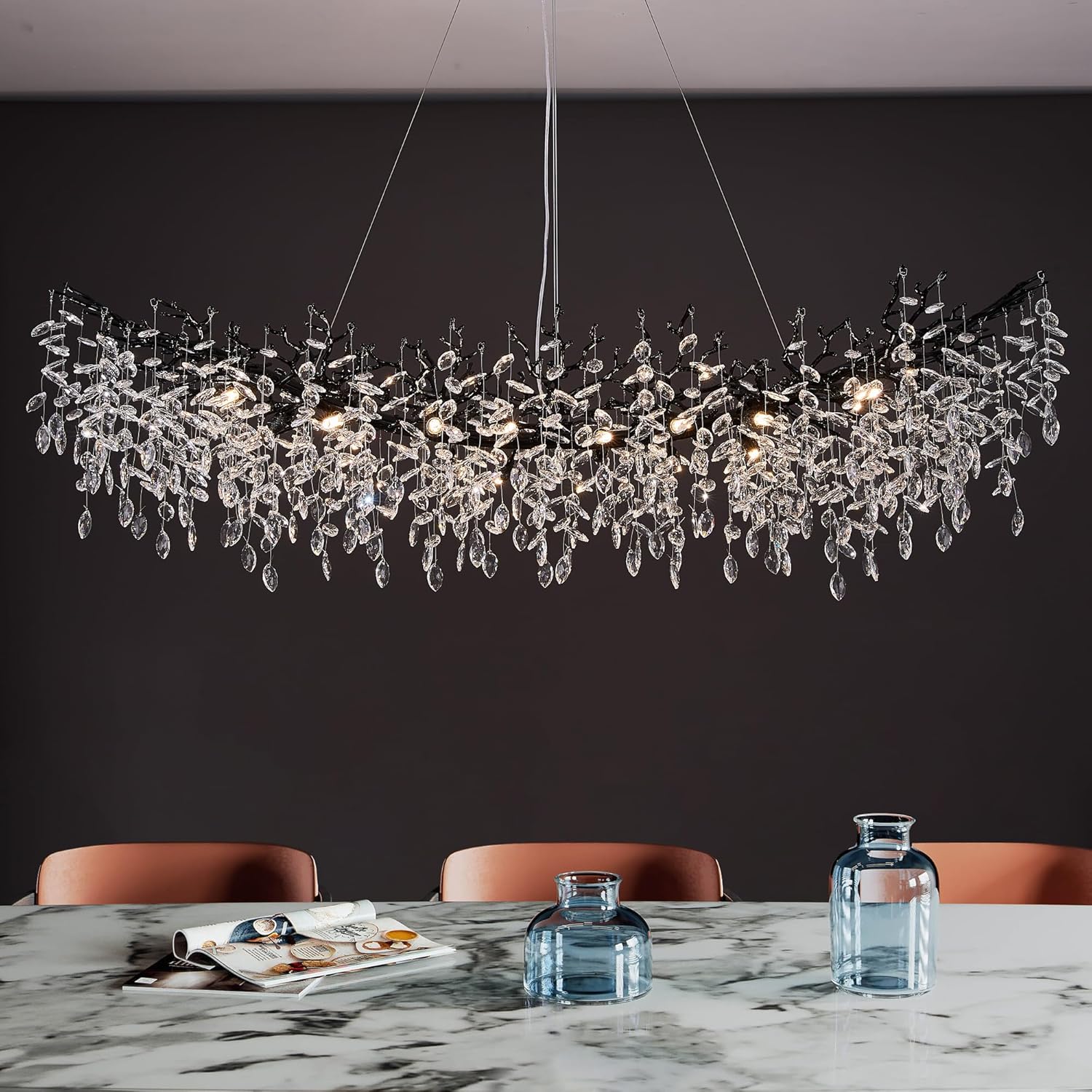 Round Luxe Black Chandelier — 6-Light — 55" Rectangular