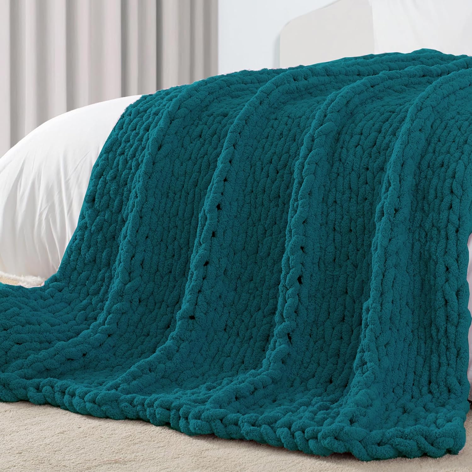 Knit Boho Beige Throw Pillow — 50" — Teal