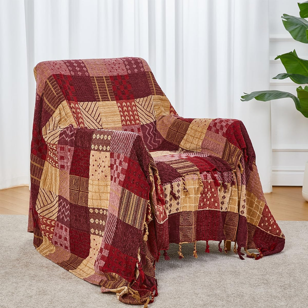 Chenille Boho Red Throw Pillow — 75" — Red Plaid