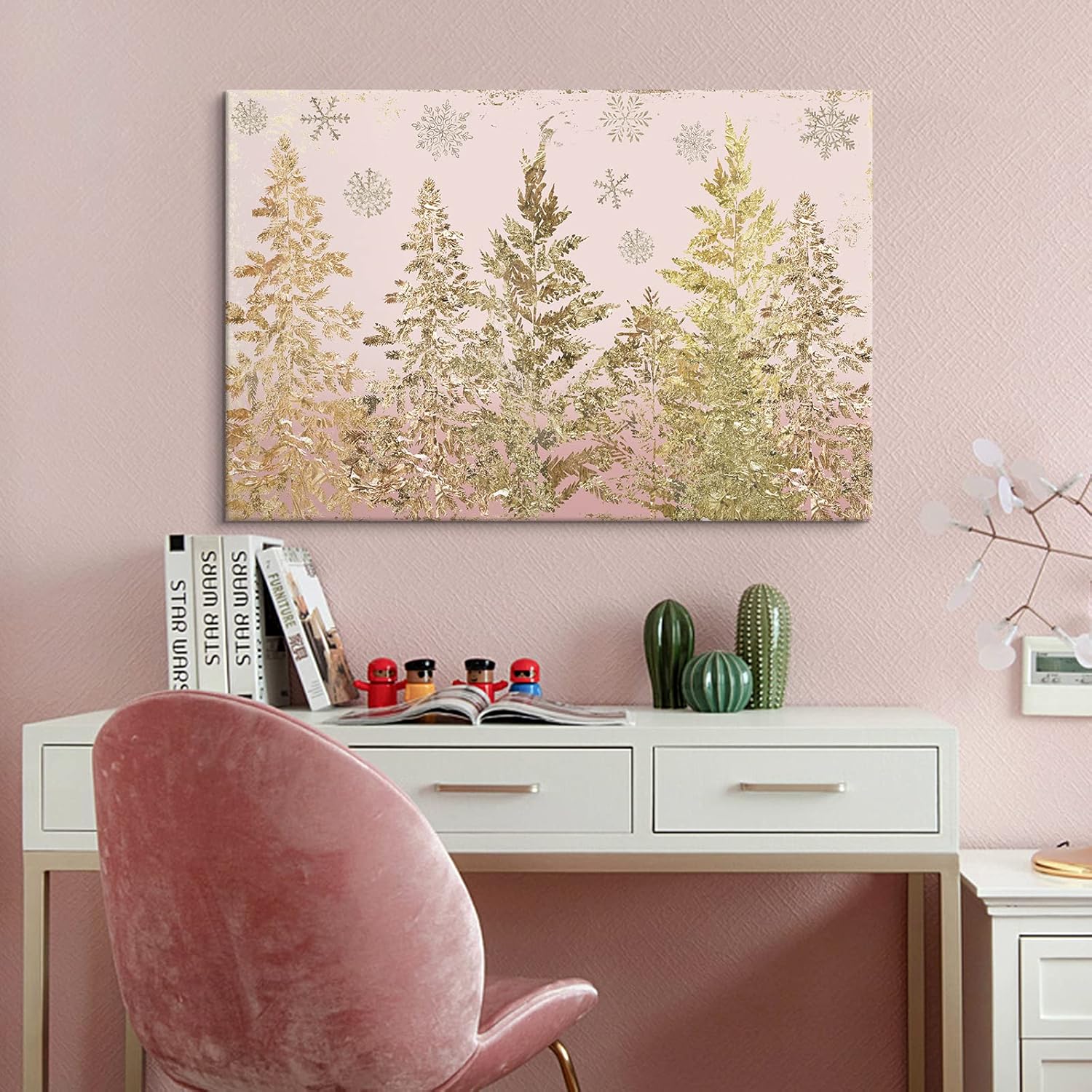 Black Canvas Wall Art — 36" — Pink Snowflake