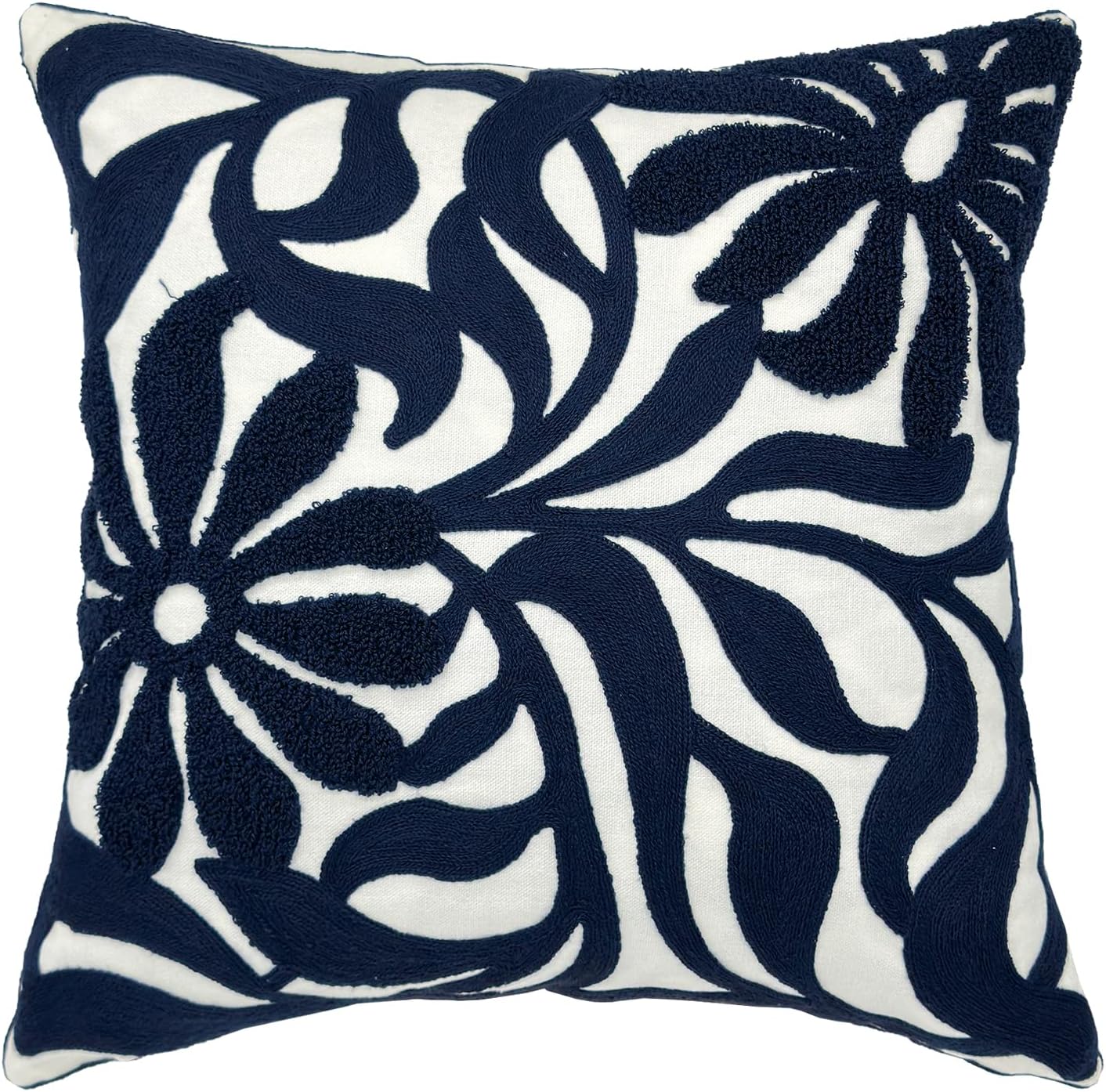 Tufted Boho Beige Throw Pillow Cover — 18" — Navy Floral
