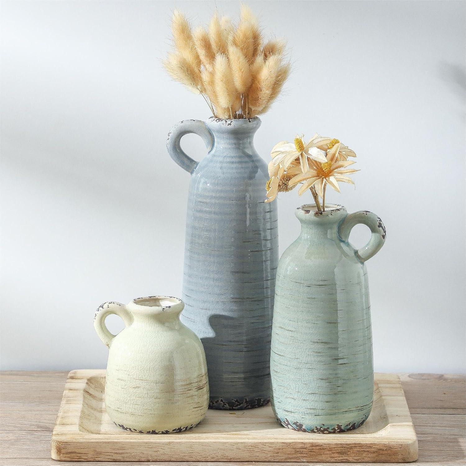 Boho Brown Flower Vase — Set of 3 — 010 Vase Set With Handle - Multicolor