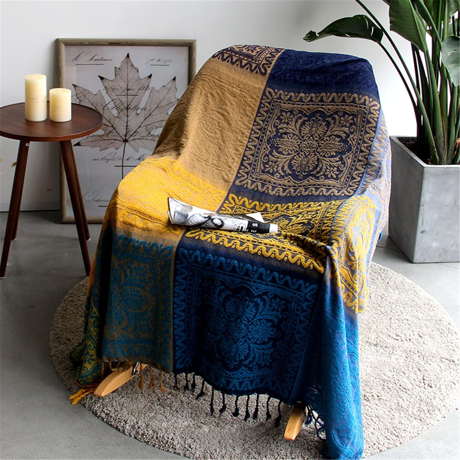Chenille Boho Black Throw Pillow — 60" — Blue