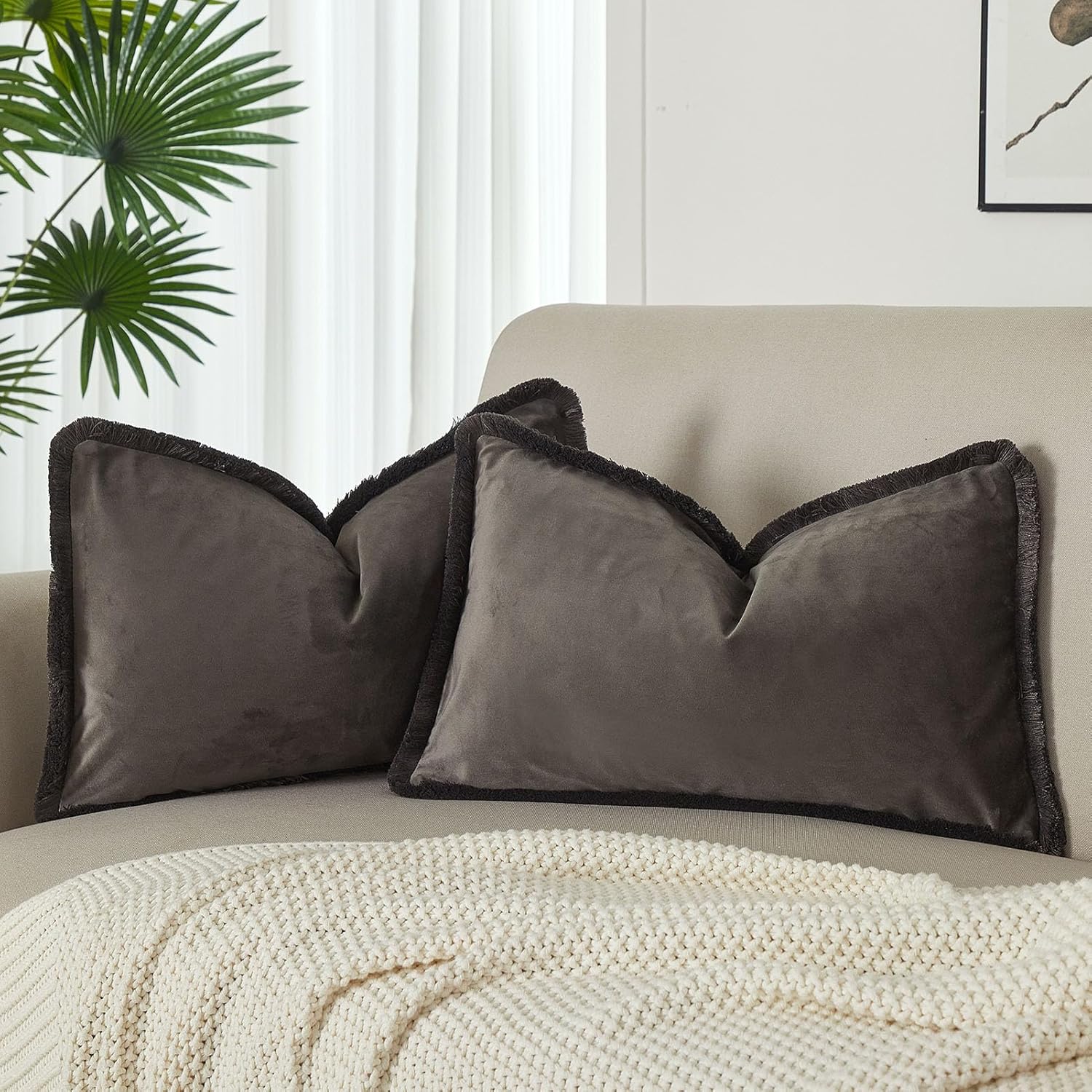 Velvet Boho Beige Throw Pillow Cover — 26" — Ash