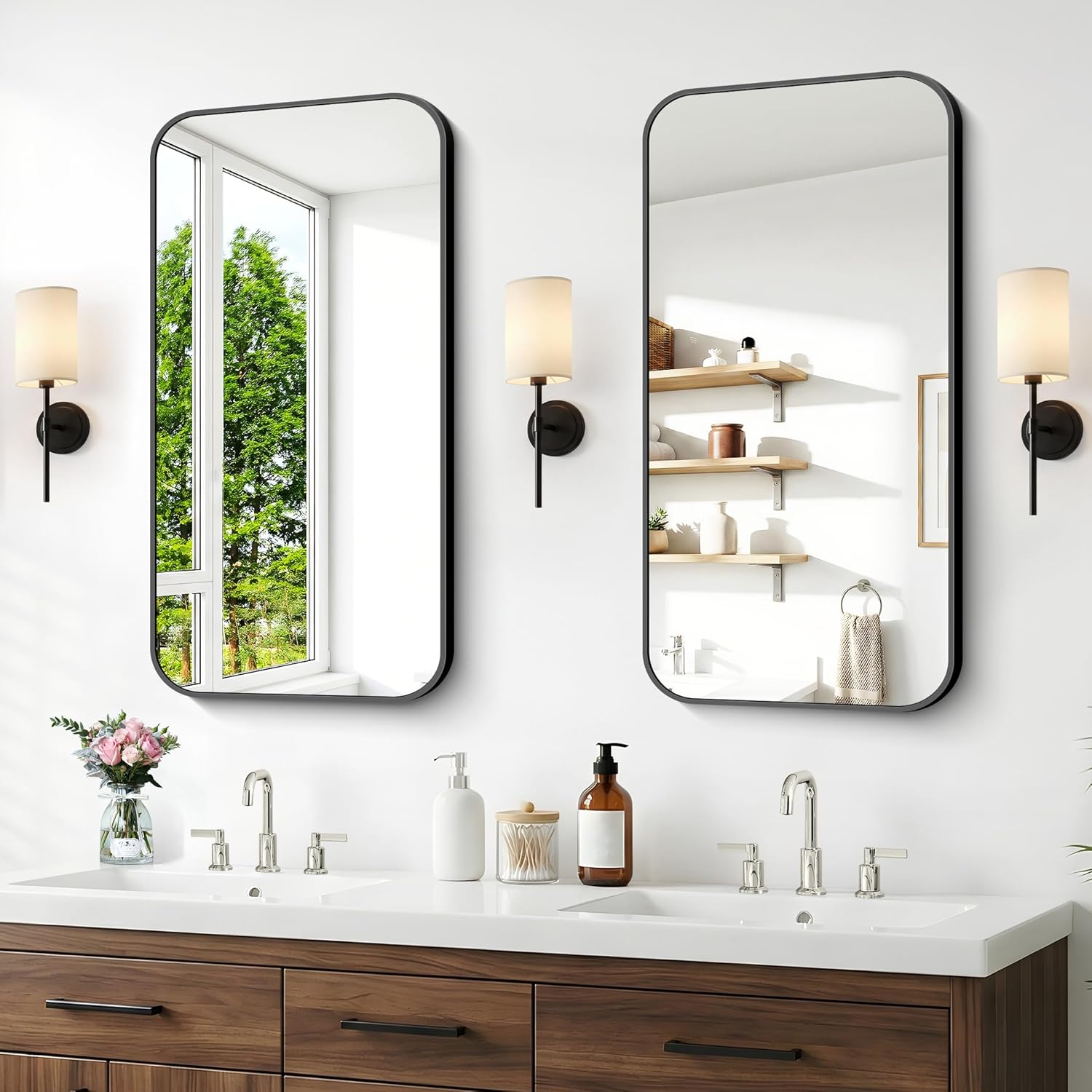 Round Luxe Beige Wall Mirror — 60" — Black Rounded Rectangle