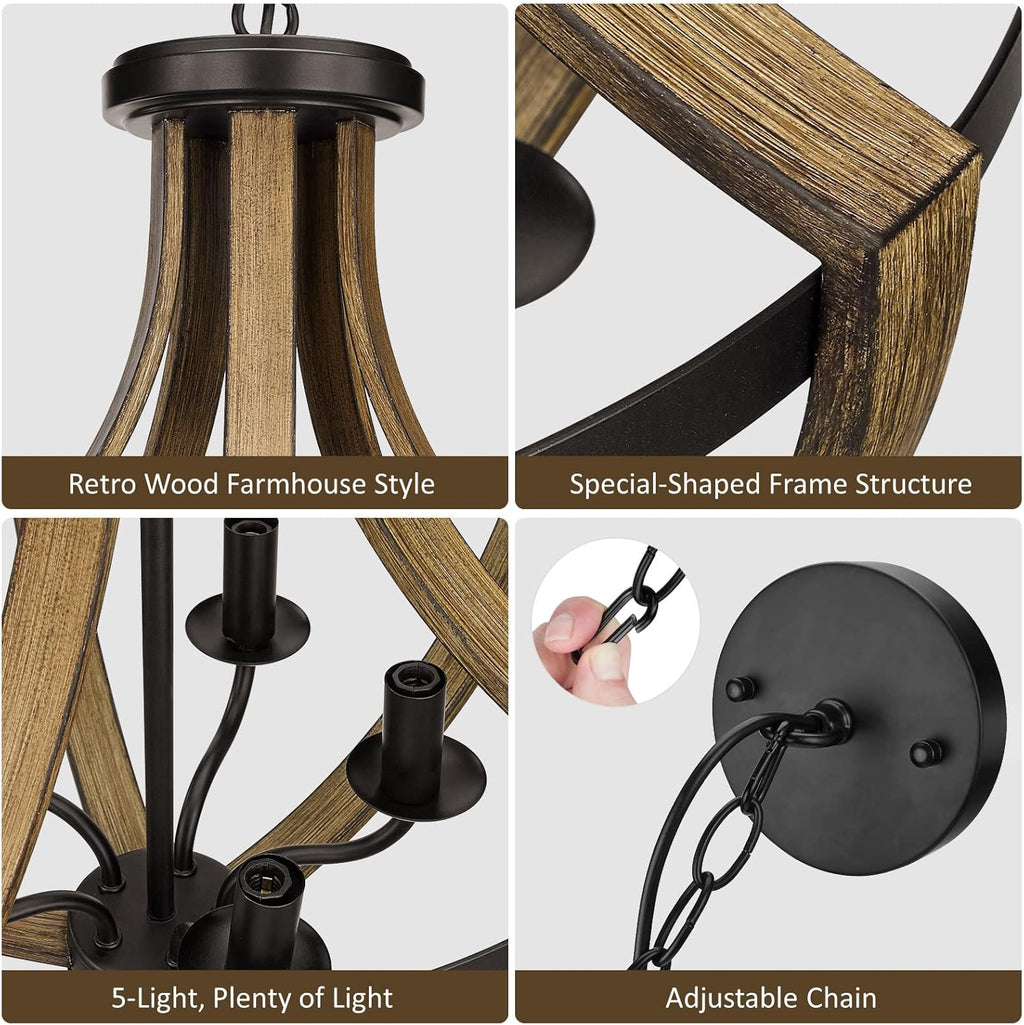 Adjustable Farmhouse Wood Chandelier — 5-Light - View 8