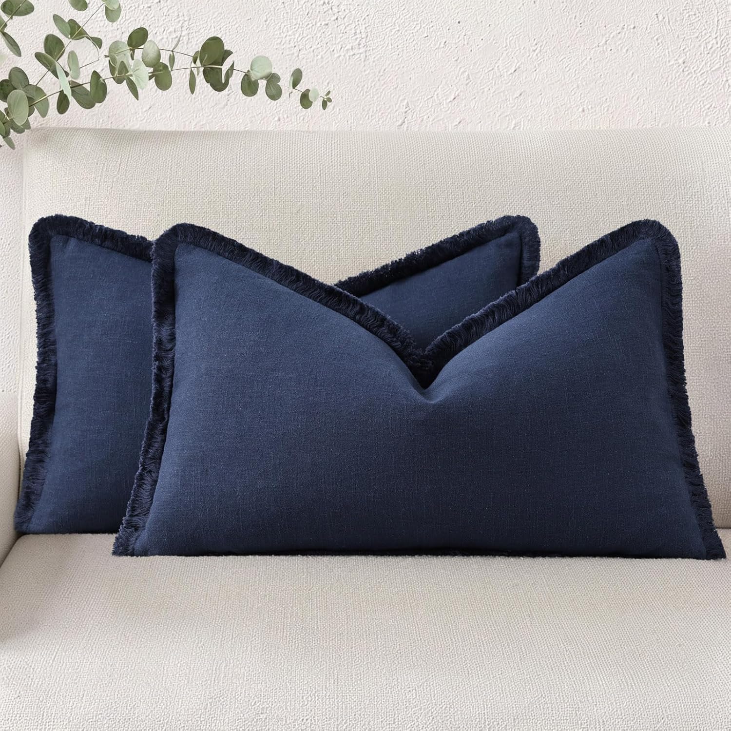 Linen Boho Beige Throw Pillow Cover — 18" — Navy Blue