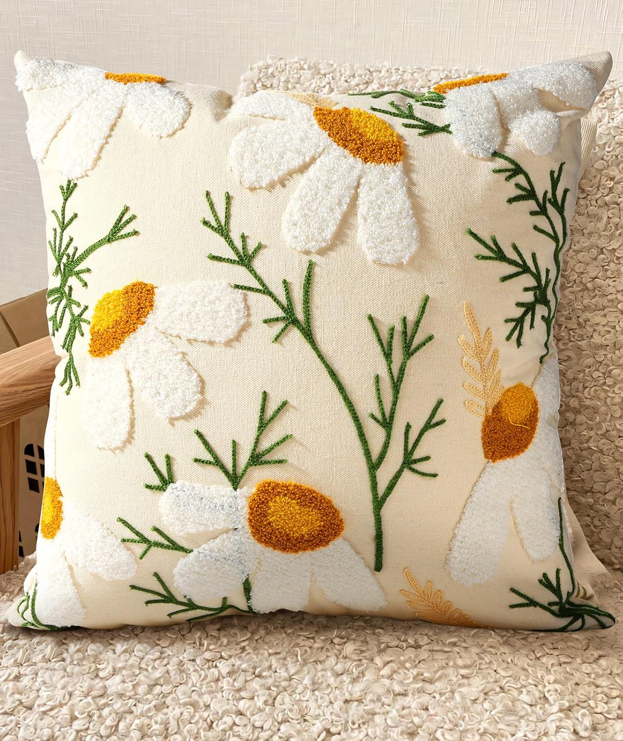 Embroidered Boho Beige Throw Pillow Cover — 18" — Daisy