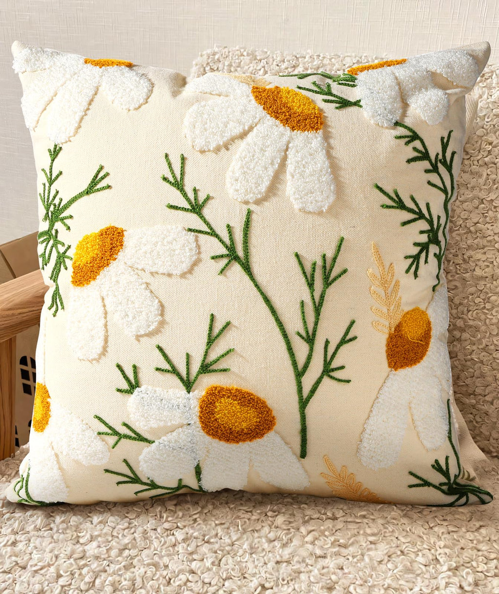 Embroidered Boho Beige Throw Pillow Cover — 18"