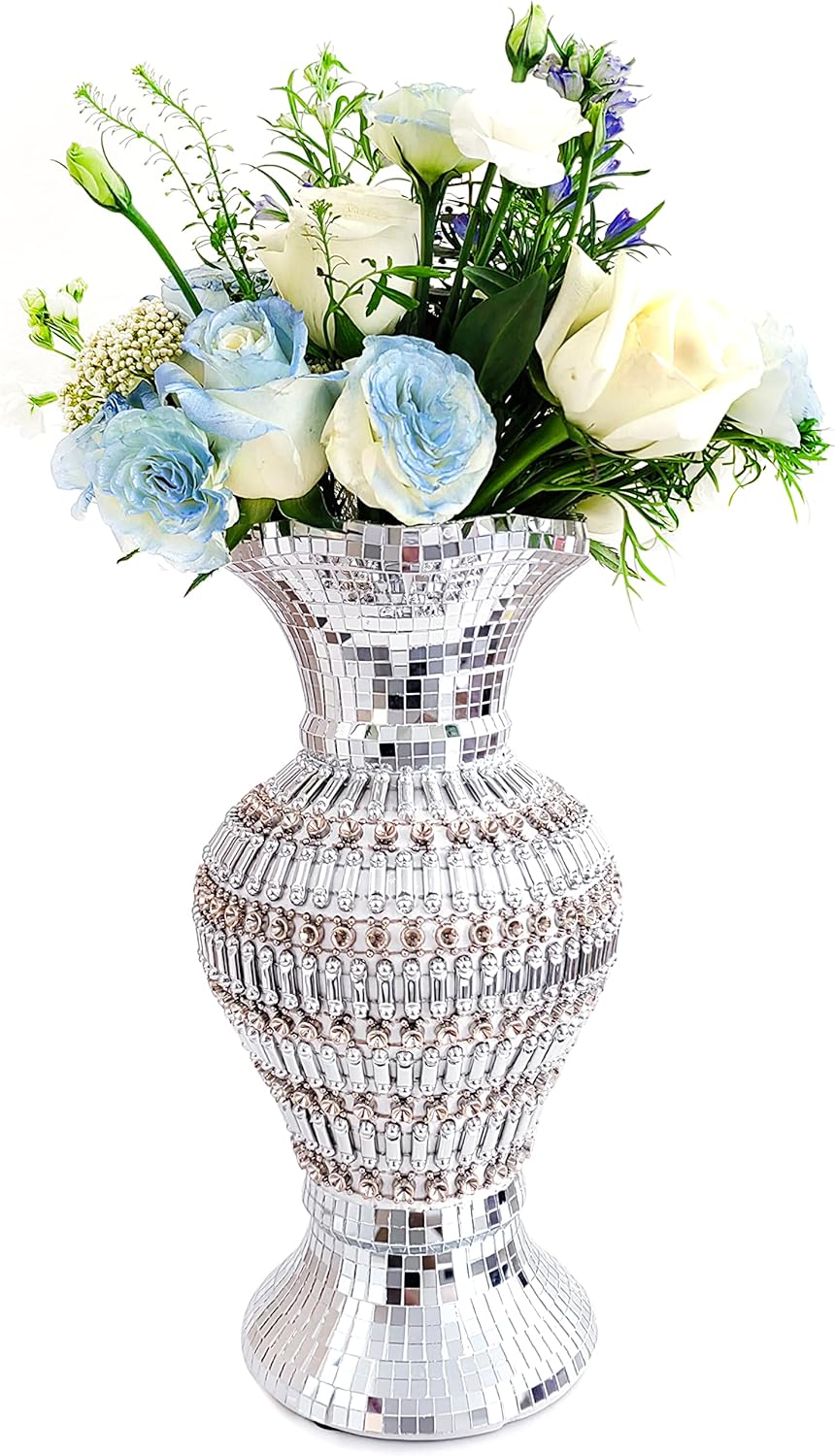 Luxe Ceramic Flower Vase — 30cm Silver-Rhinestones