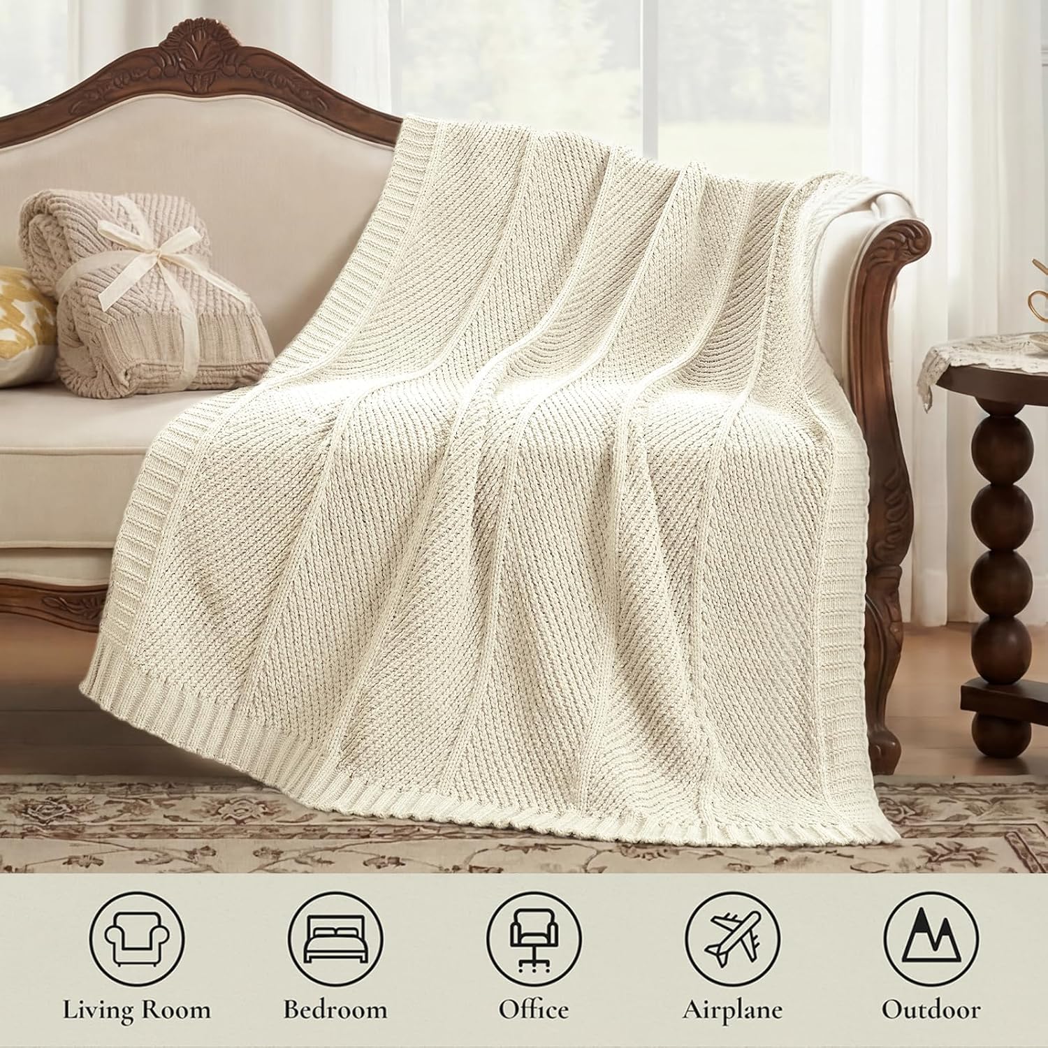 Knit Beige Throw Pillow — 50" - View 6