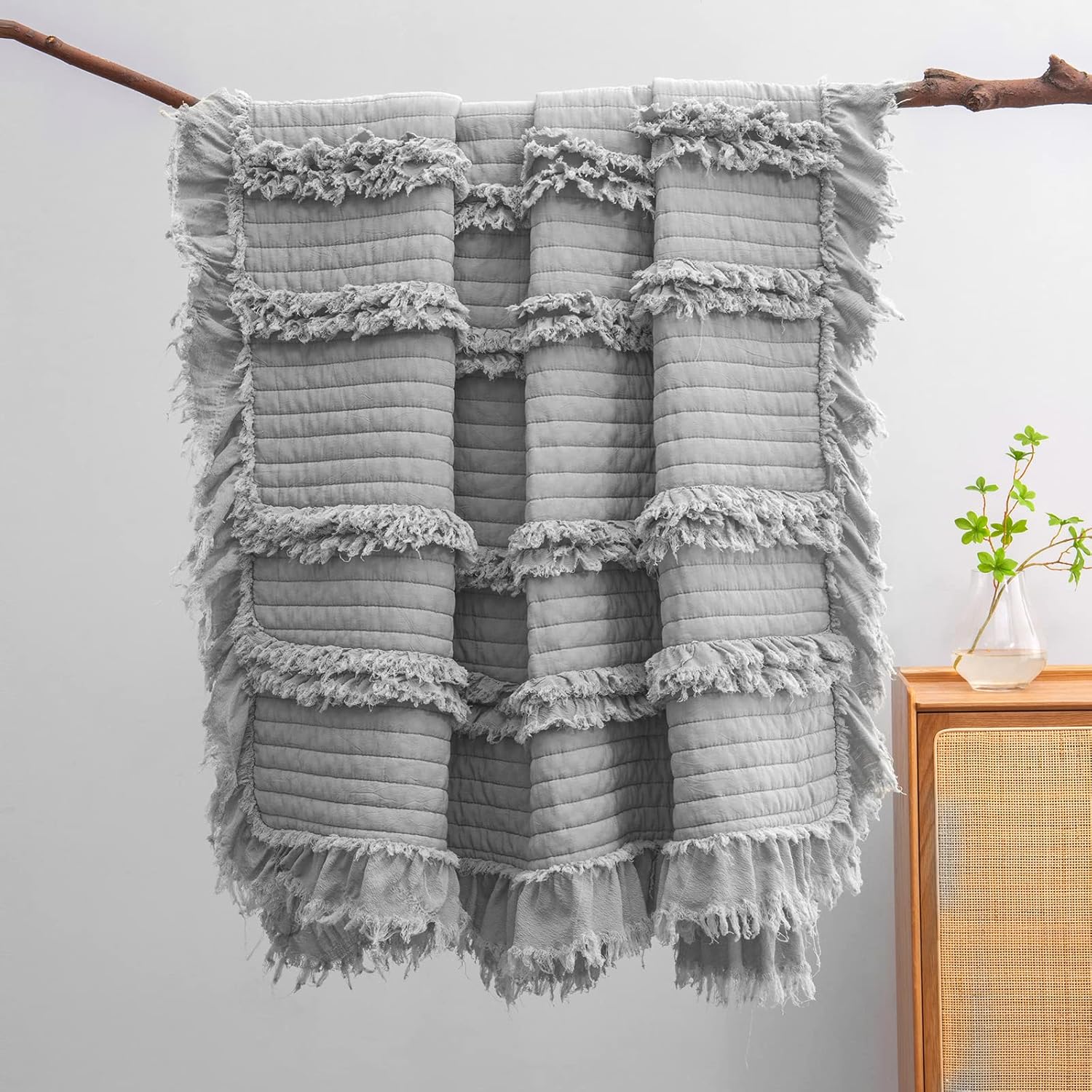 Fringed Boho Beige Throw Pillow — 50" — Grey