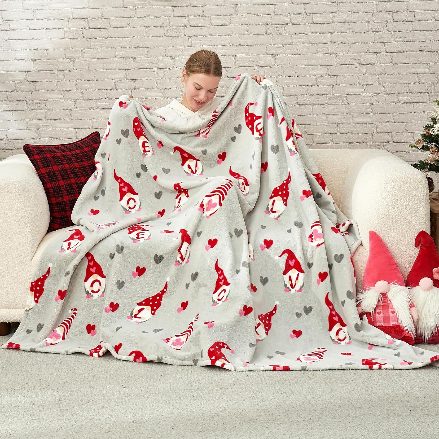 Beige Throw Pillow — 50" — Gnome Love Heart