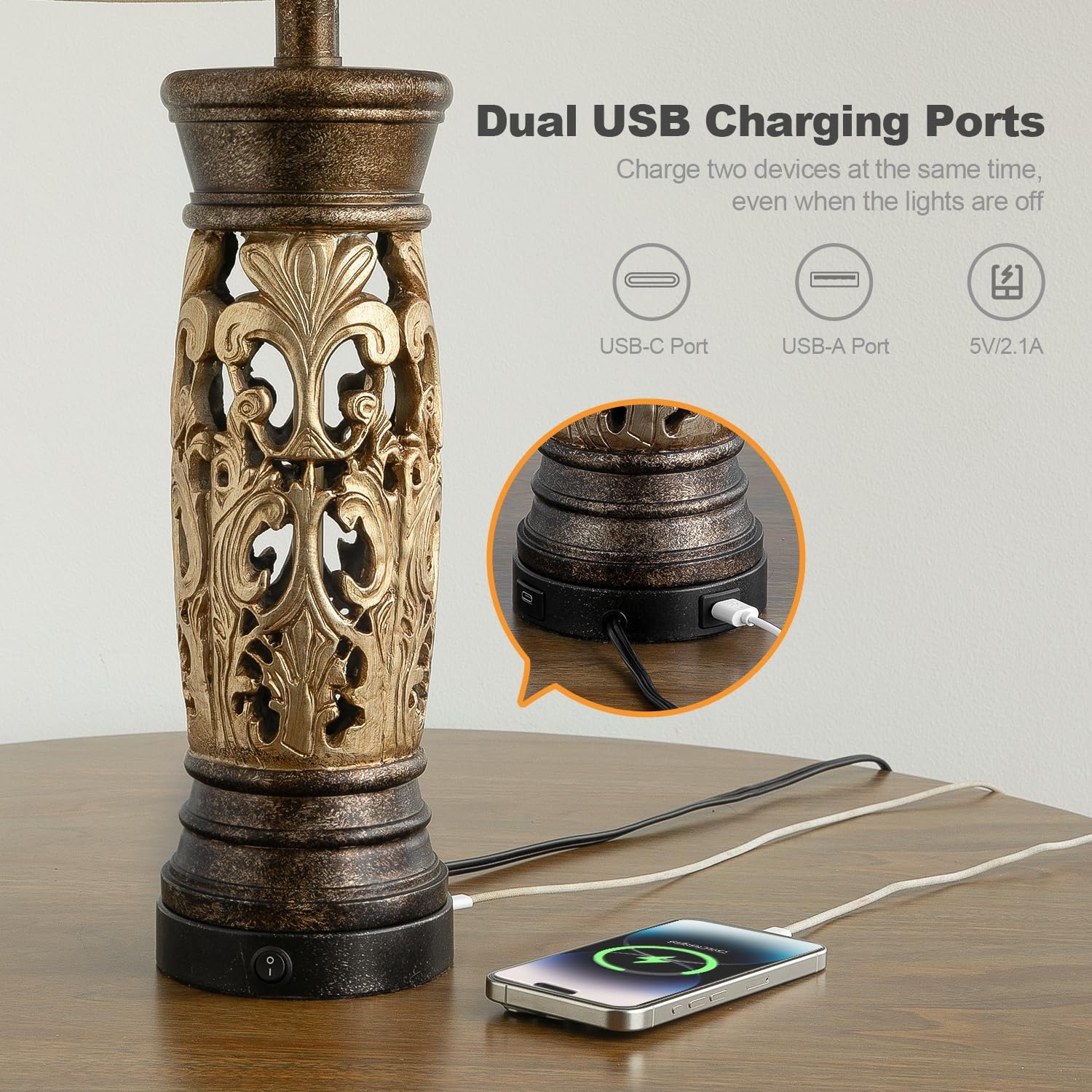 USB Farmhouse Gold Bedside Lamp — 27.25" - View 4
